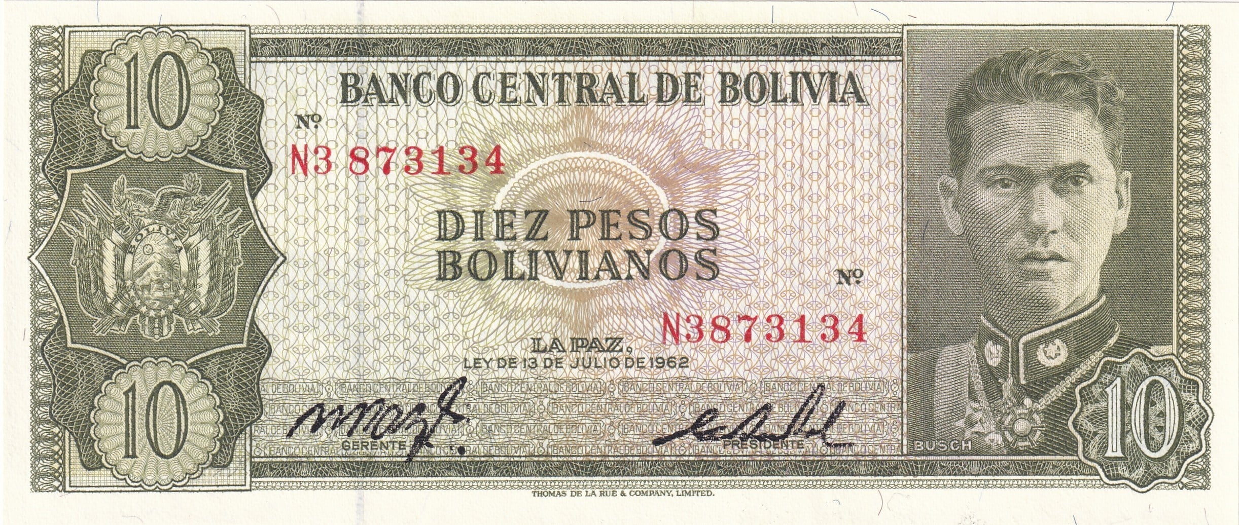 Foreign Paper MoneyBolivya, 10 Bolivianos (1962) ÇİL Eski Yabancı Kağıt Para
