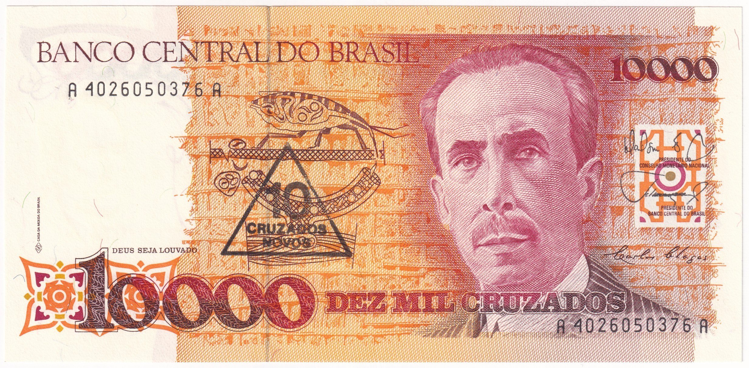 Foreign Paper MoneyBrezilya, 10.000 Cruzados üzeri 10 Cruzados Novos Sürşarjlı (1990) P#218 ÇİL Eski Yabancı Kağıt Para