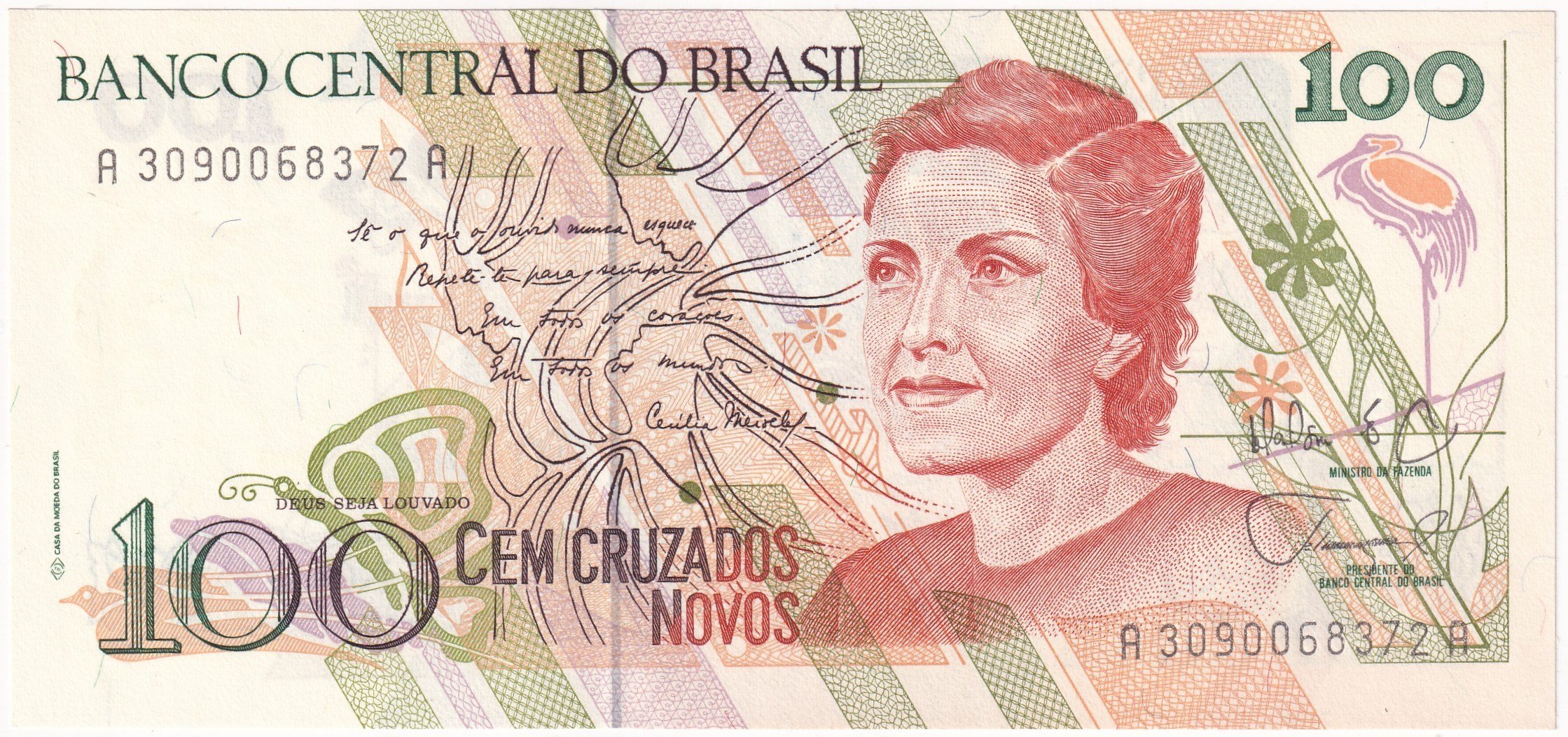 Foreign Paper MoneyBrezilya, 100 Cruzados Novos (1989) P#220 ÇİL Eski Yabancı Kağıt Para