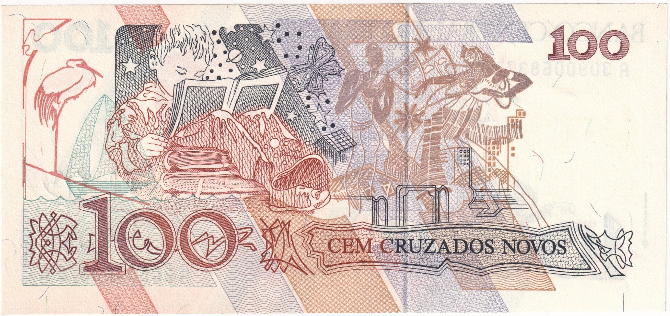 Foreign Paper MoneyBrezilya, 100 Cruzados Novos (1989) P#220 ÇİL Eski Yabancı Kağıt Para