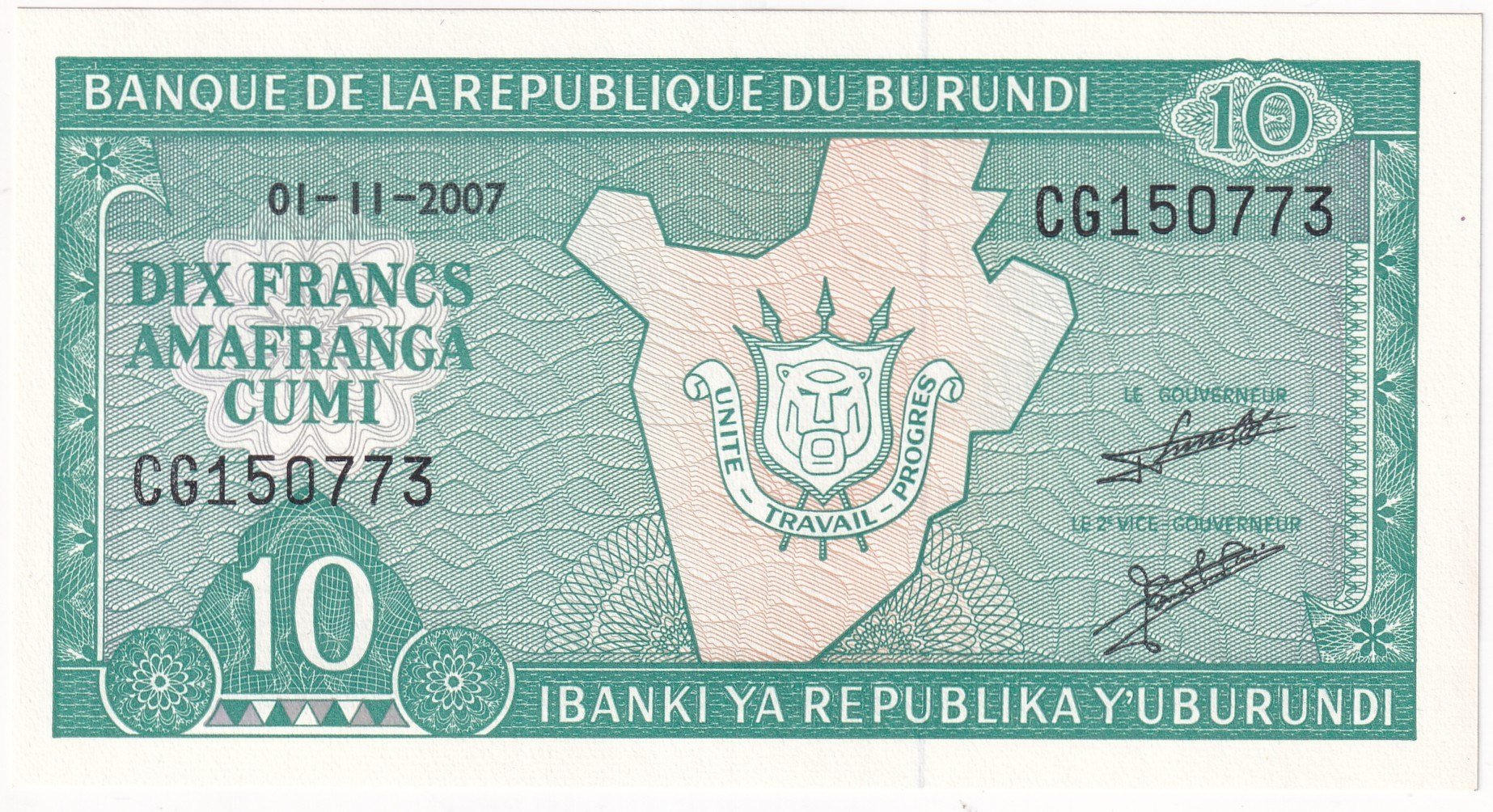 Foreign Paper MoneyBurundi, 10 Frank (2007) P#33 ÇİL Eski Yabancı Kağıt Para