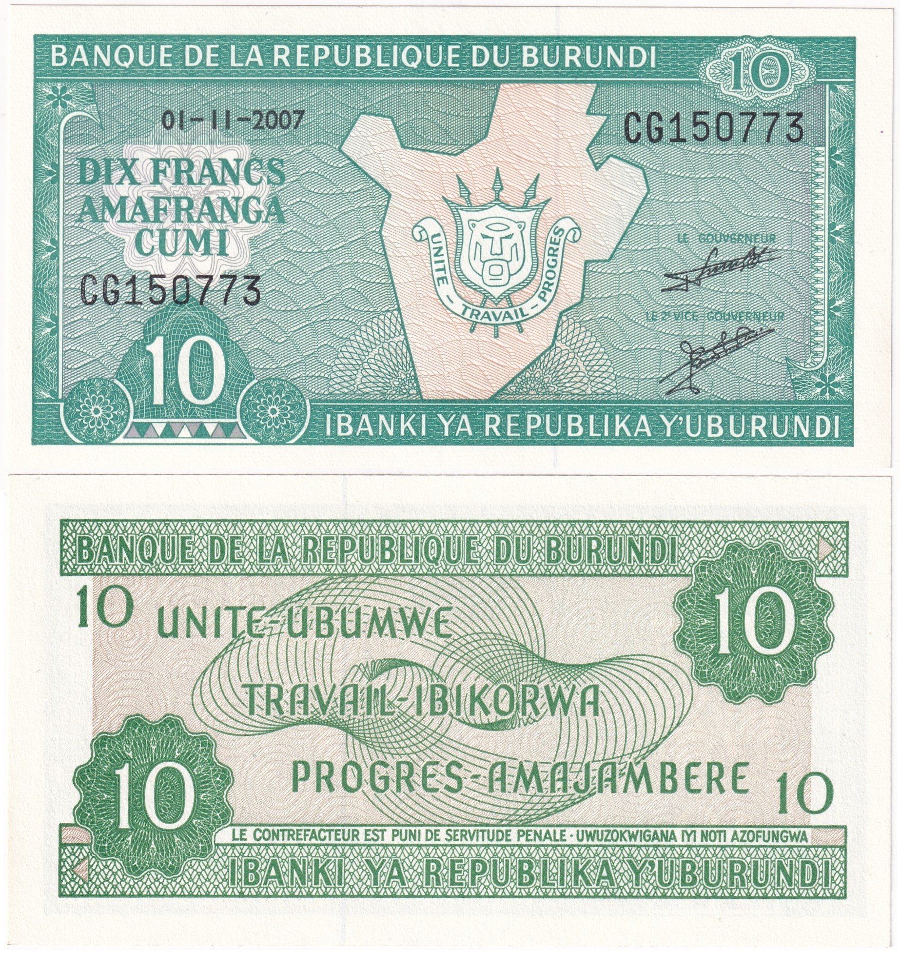 Foreign Paper MoneyBurundi, 10 Frank (2007) P#33 ÇİL Eski Yabancı Kağıt Para