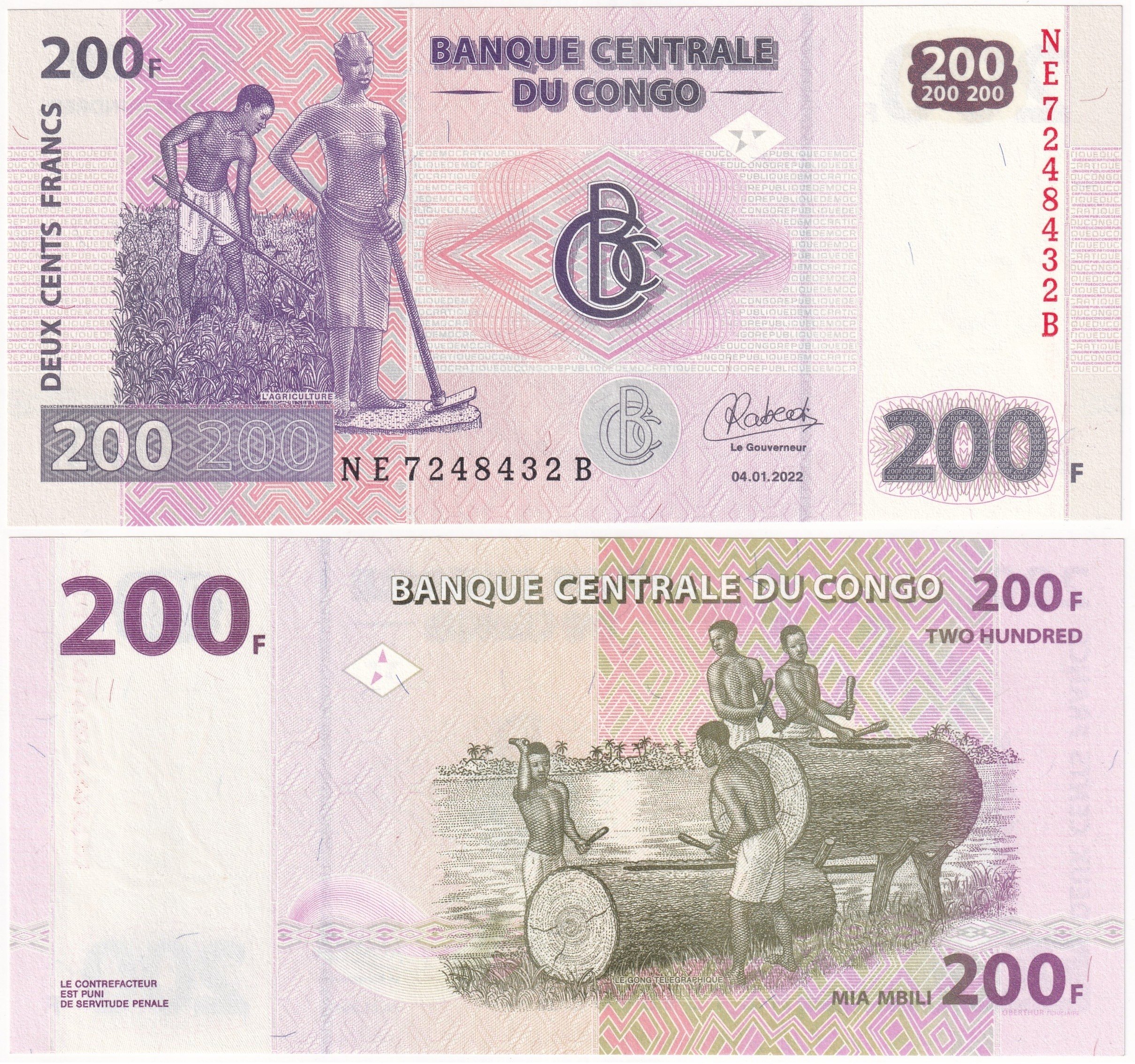 Foreign Paper MoneyDemokratik Kongo Cumhuriyeti, 200 Frank (2022) ÇİL Eski Yabancı Kağıt Para