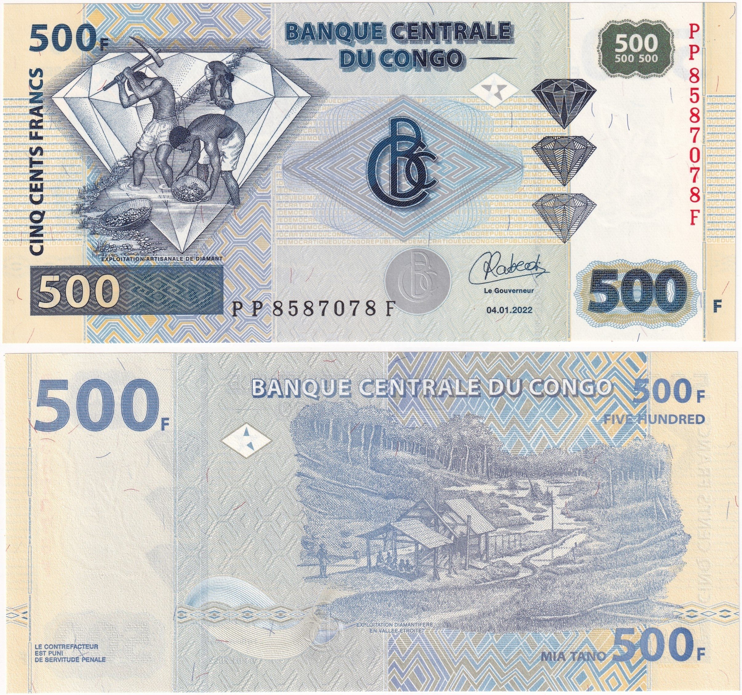 Foreign Paper MoneyDemokratik Kongo Cumhuriyeti, 500 Frank (2022) ÇİL Eski Yabancı Kağıt Para