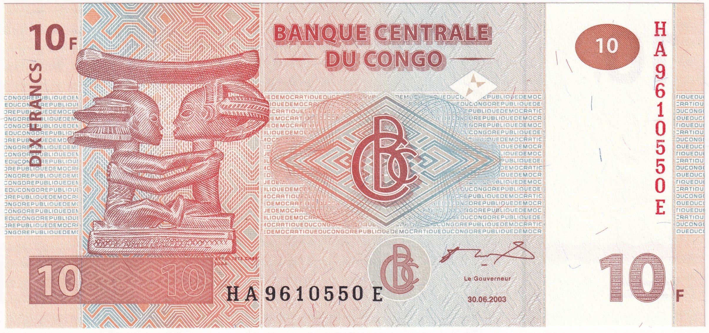 Foreign Paper MoneyDemokratik Kongo Cumhuriyeti, 10 Frank (2003) ÇİL Eski Yabancı Kağıt Para