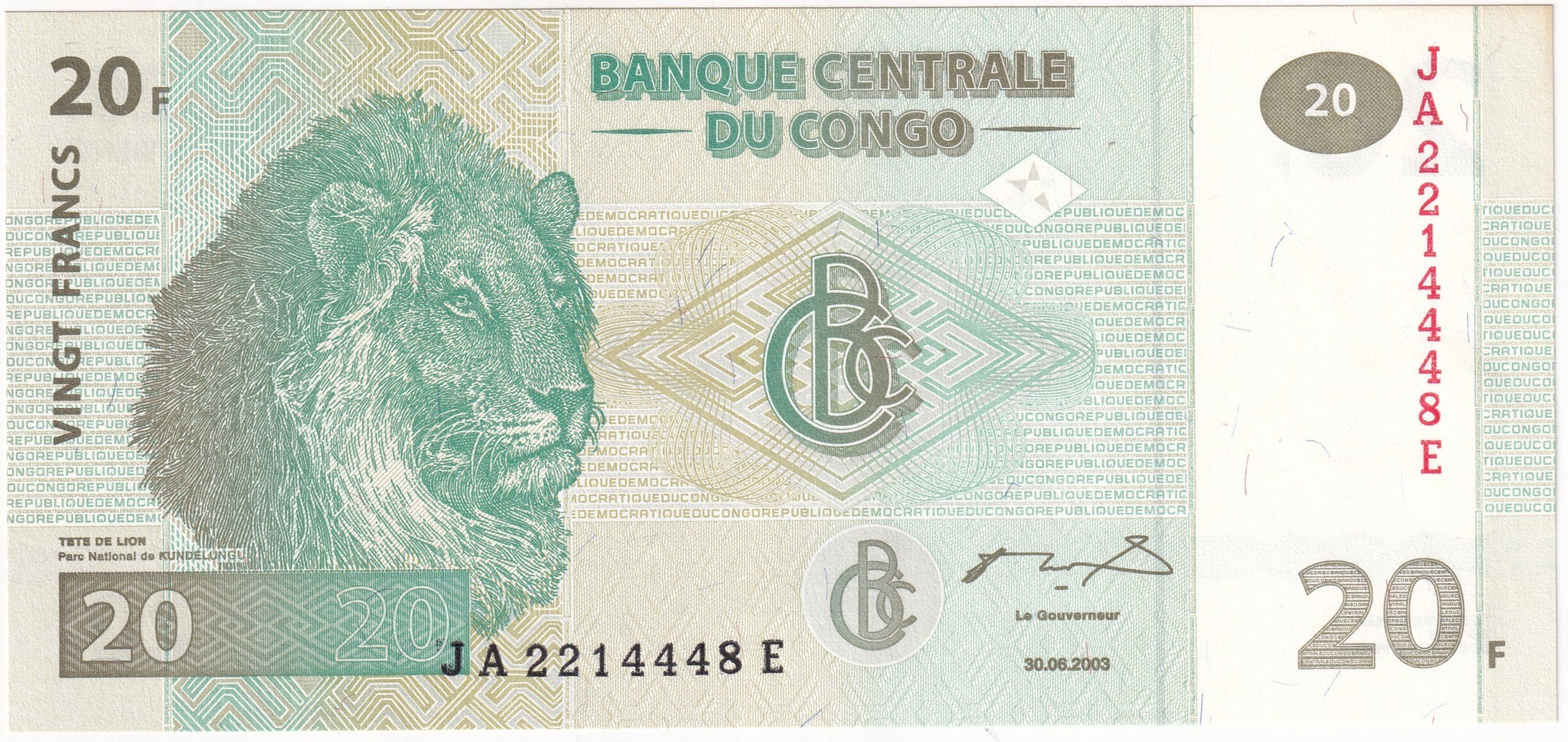 Foreign Paper MoneyDemokratik Kongo Cumhuriyeti, 20 Frank (2003) ÇİL Eski Yabancı Kağıt Para
