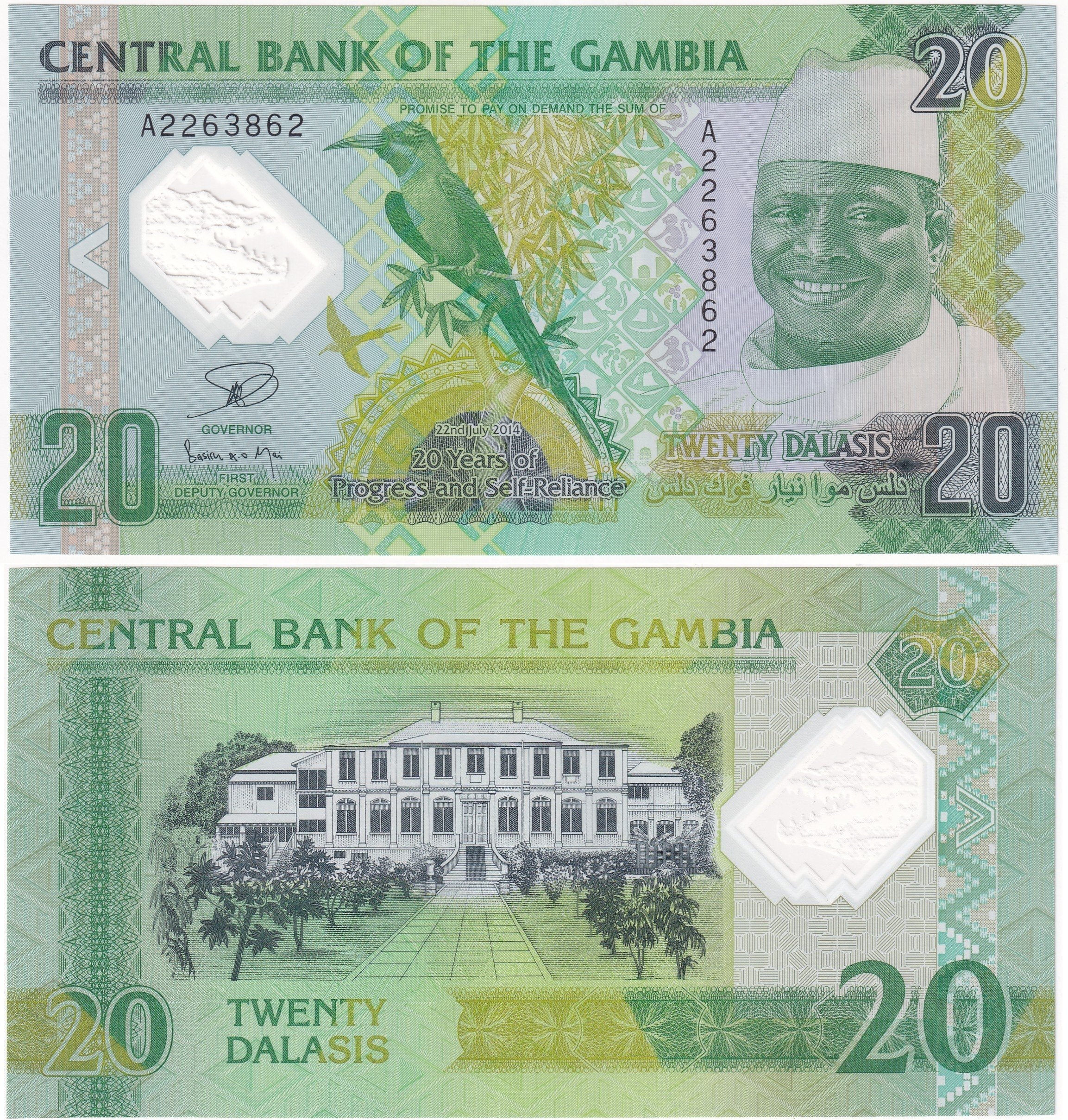 Foreign Paper MoneyGambiya, 20 Dalasis (2014) ÇİL Yabancı Eski Polimer Hatıra Para