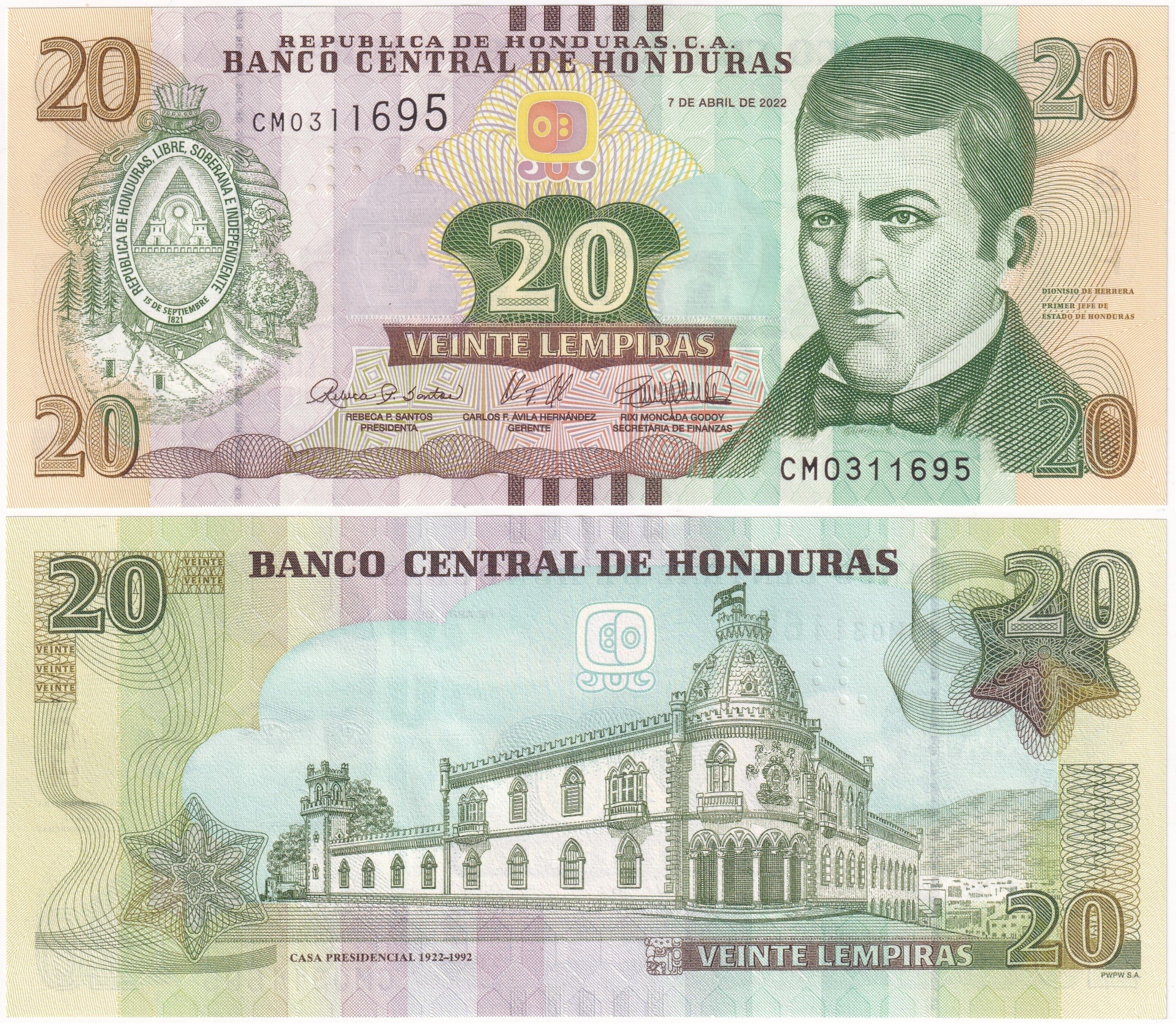 Foreign Paper MoneyHonduras, 20 Lempiras (2022) ÇİL Eski Yabancı Kağıt Para
