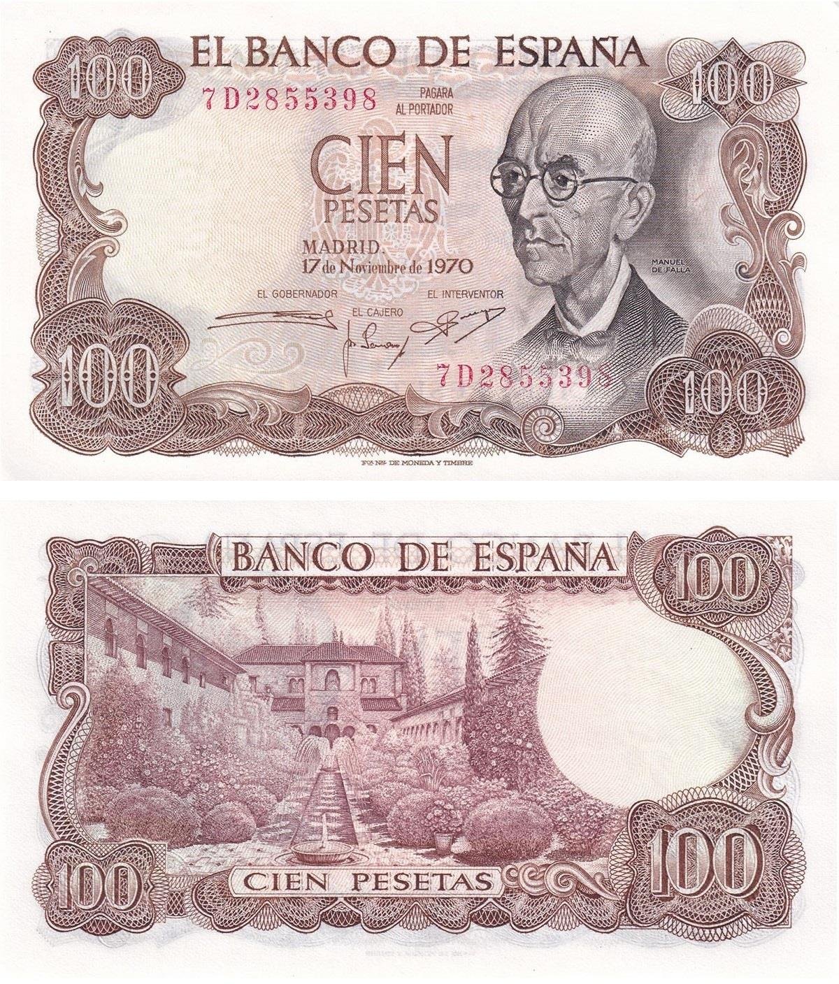 Foreign Paper Moneyİspanya, 100 Pesetas (1970) P#52 ÇİL Yabancı Eski Kağıt Para