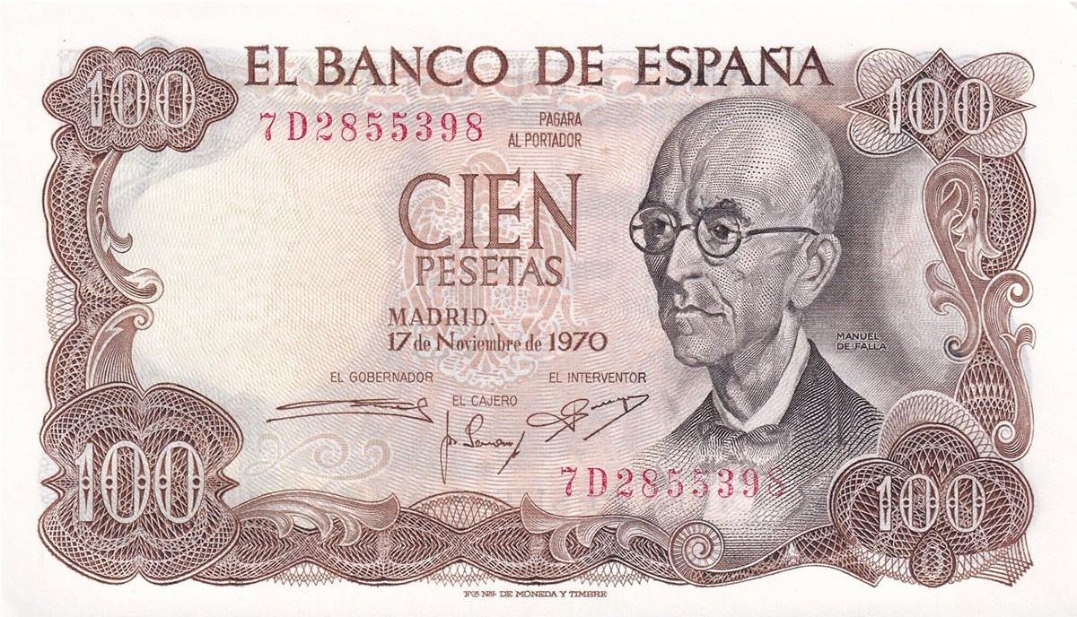Foreign Paper Moneyİspanya, 100 Pesetas (1970) P#52 ÇİL Yabancı Eski Kağıt Para