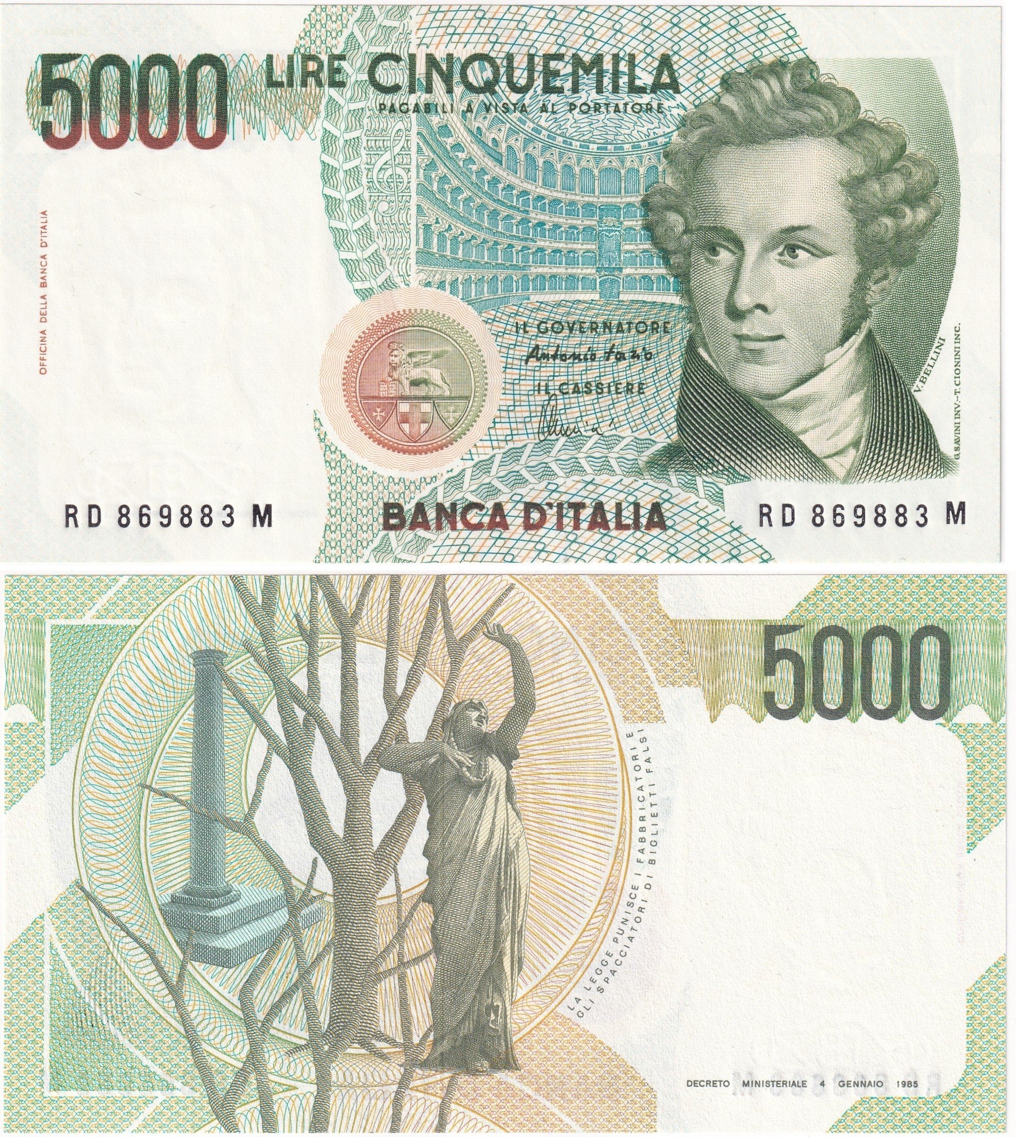 Foreign Paper Moneyİtalya, 5.000 Lire (1985) ÇİL Eski Yabancı Kağıt Para