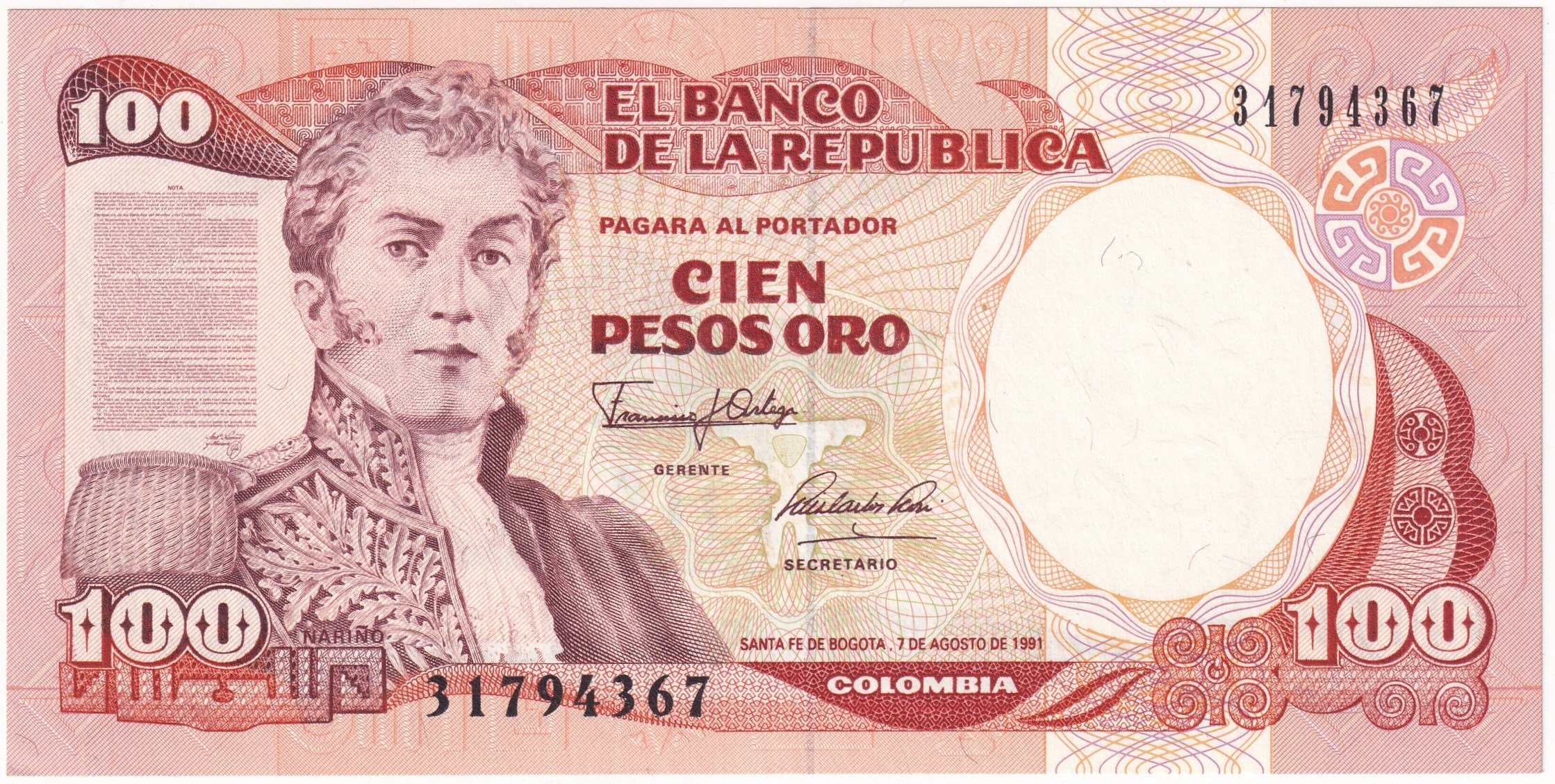 Foreign Paper MoneyKolombiya, 100 Peso (1991) ÇİL Eski Yabancı Kağıt Para