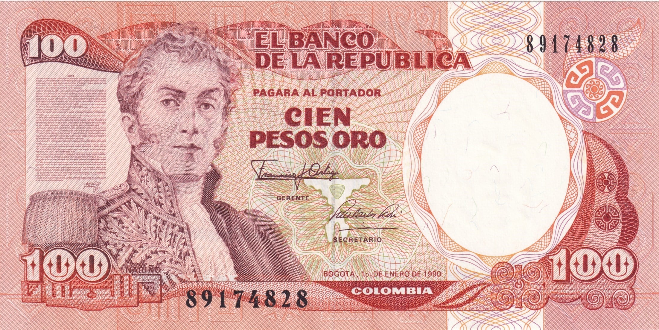 Foreign Paper MoneyKolombiya, 100 Peso (1990) ÇİL Eski Yabancı Kağıt Para