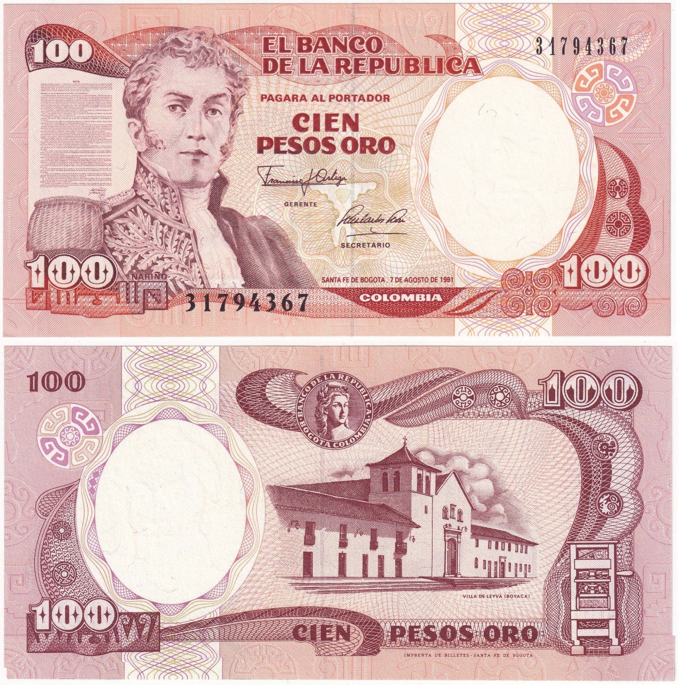 Foreign Paper MoneyKolombiya, 100 Peso (1991) ÇİL Eski Yabancı Kağıt Para