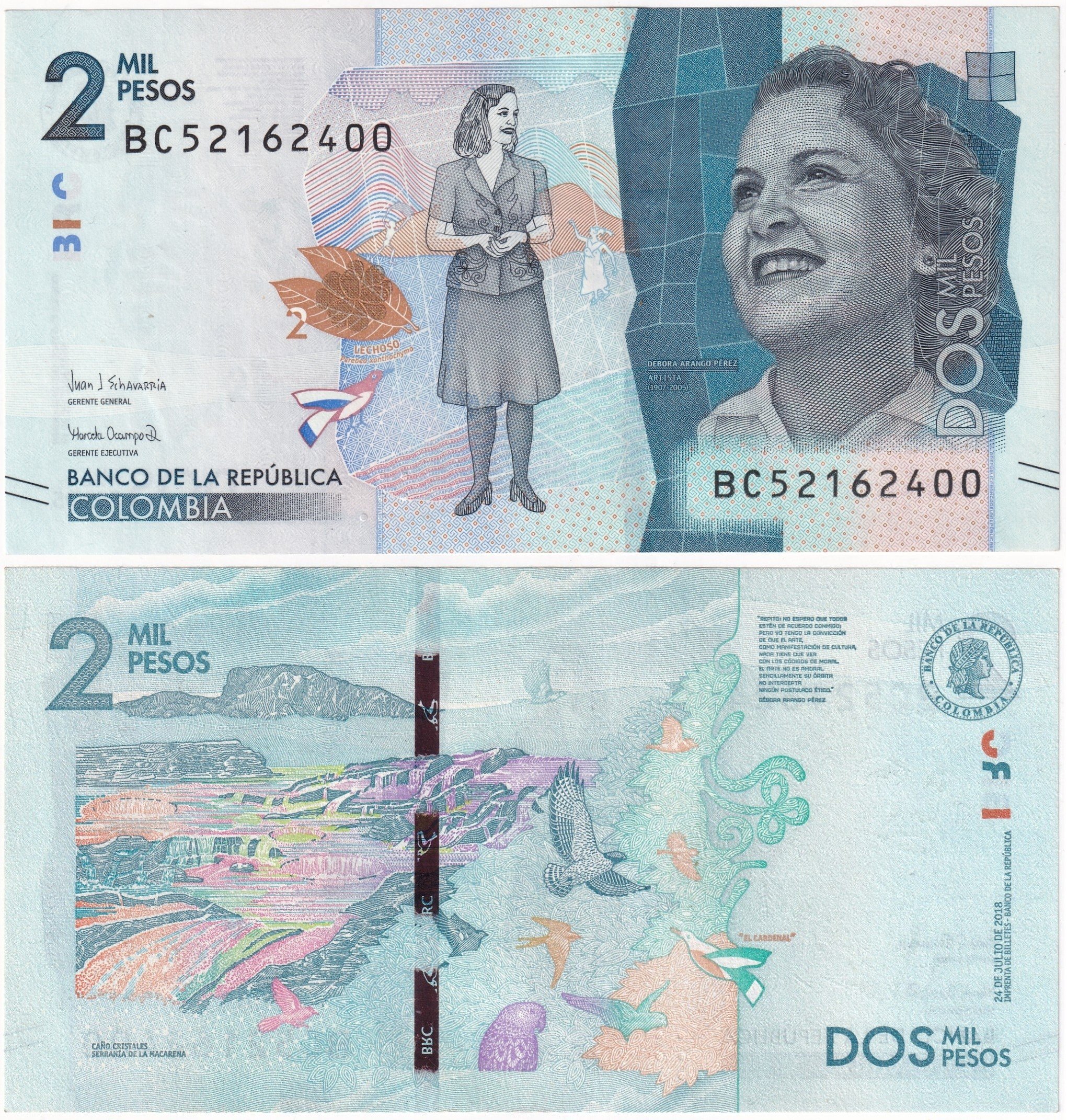 Foreign Paper MoneyKolombiya, 2.000 Peso (2018) P#458 ÇİL Eski Yabancı Kağıt Para
