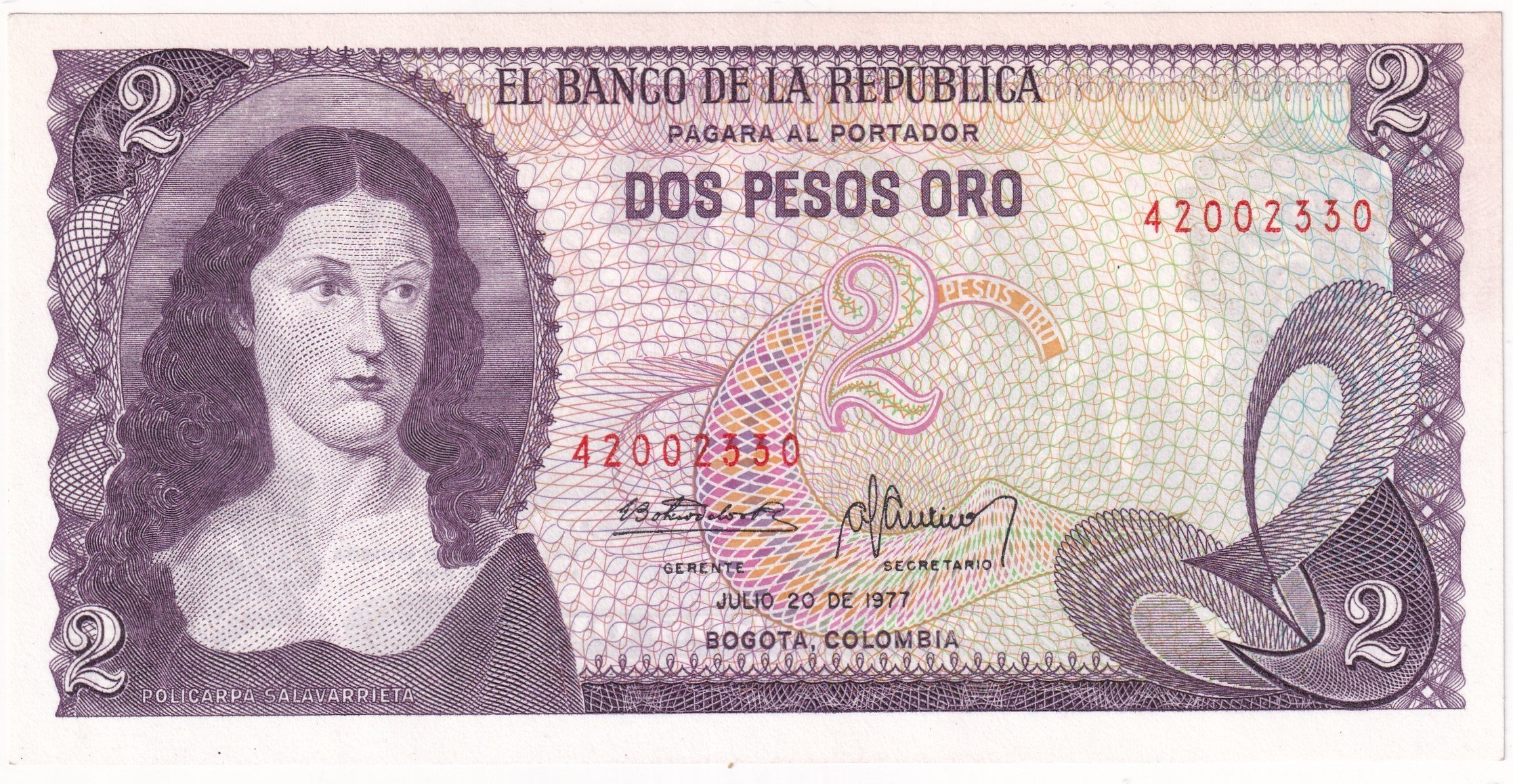 Foreign Paper MoneyKolombiya, 2 Peso (1977) P#413 ÇİL Eski Yabancı Kağıt Para