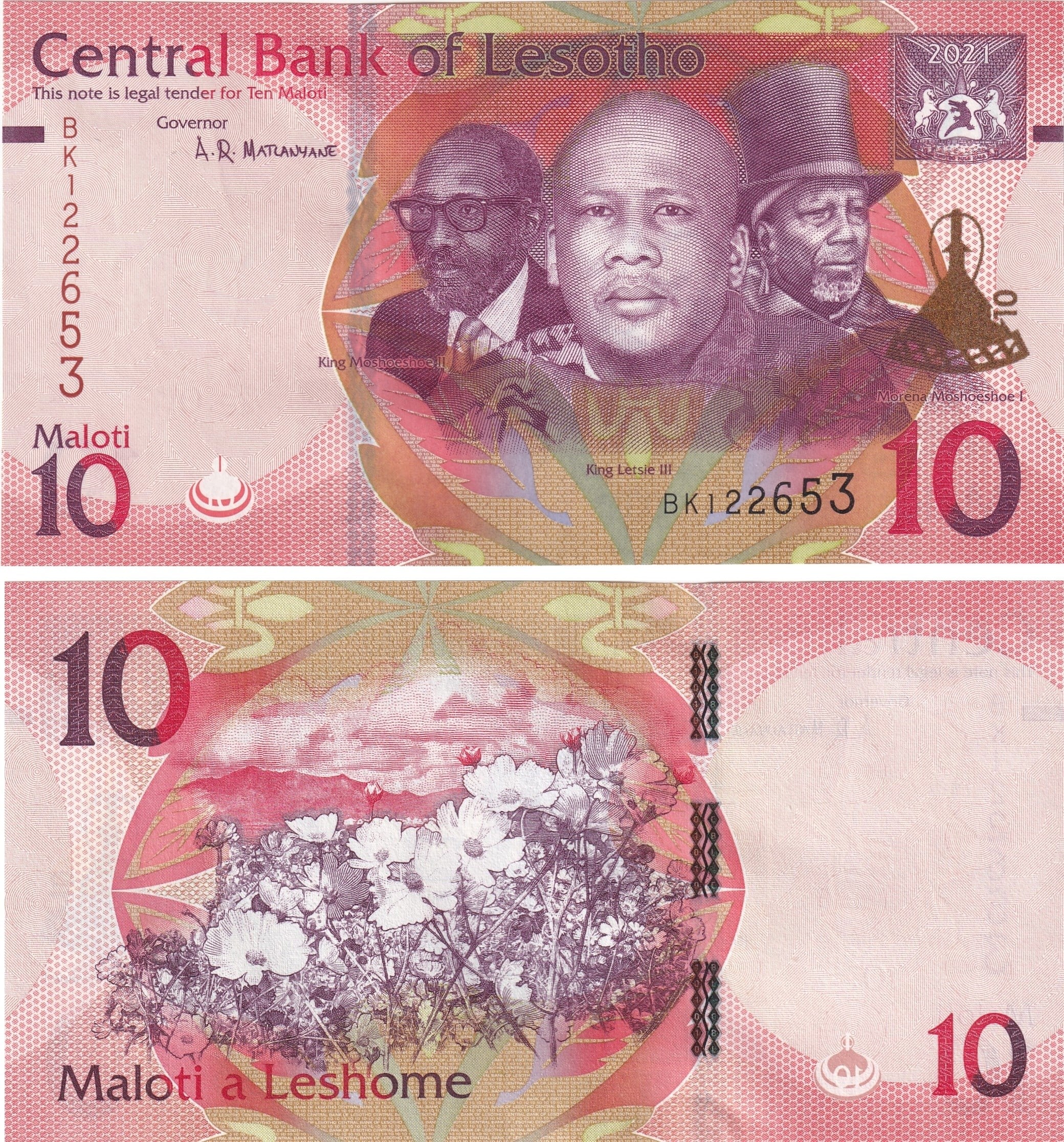Foreign Paper MoneyLesotho, 10 Maloti (2021) ÇİL Eski Yabancı Kağıt Para