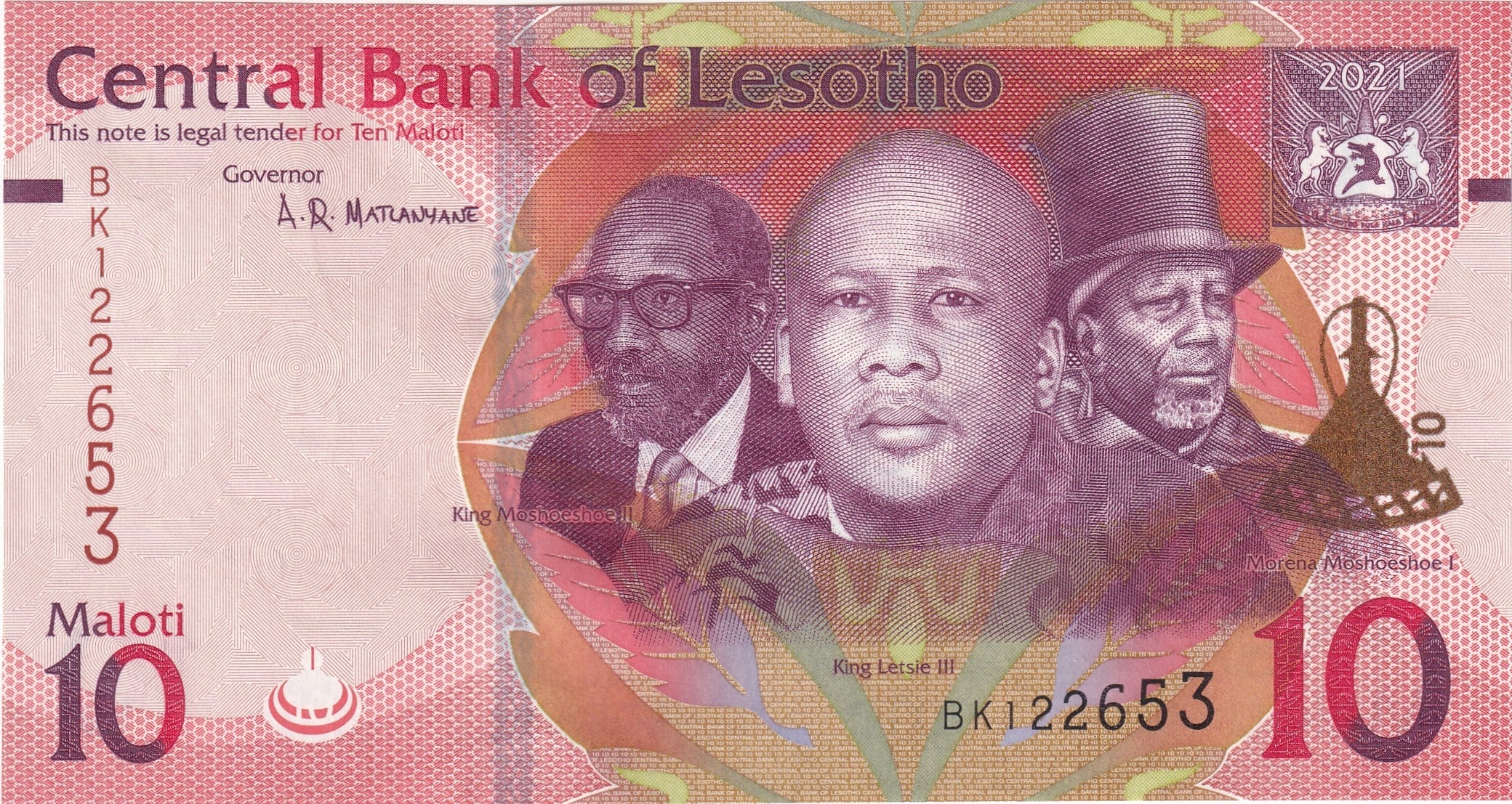 Foreign Paper MoneyLesotho, 10 Maloti (2021) ÇİL Eski Yabancı Kağıt Para