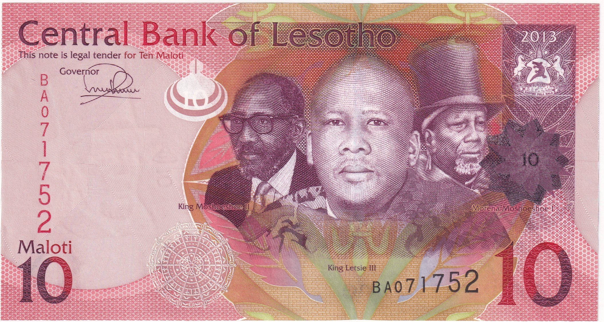 Foreign Paper MoneyLesotho, 10 Maloti (2013) ÇİL Eski Yabancı Kağıt Para