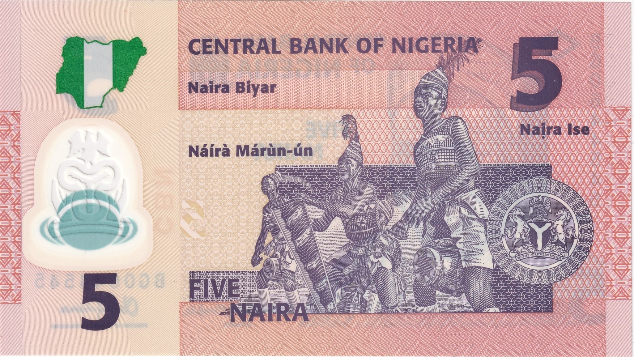 Foreign Paper MoneyNijerya, 5 Naira (2015) ÇİL Eski Yabancı Polimer Para