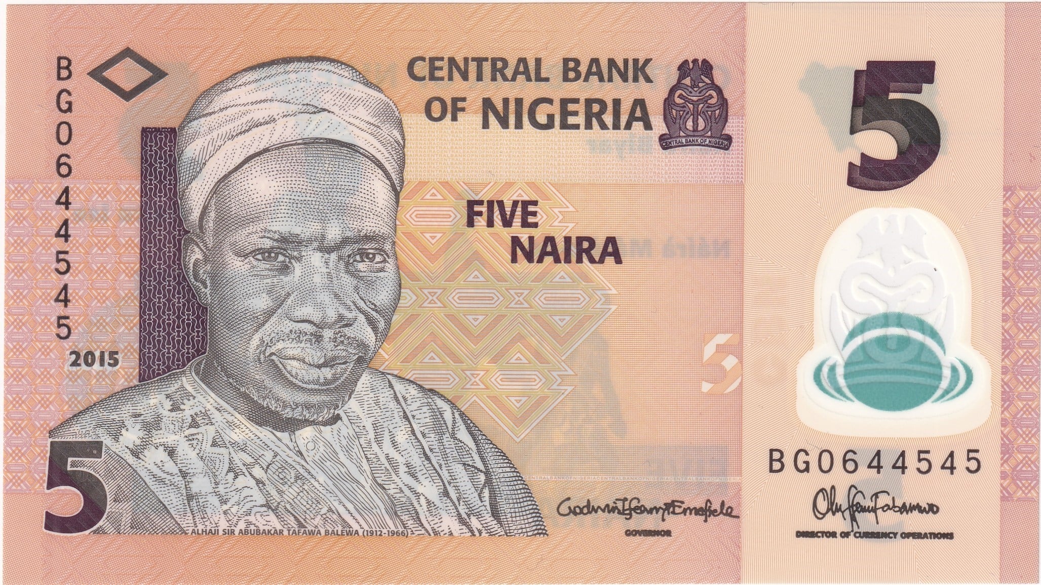 Foreign Paper MoneyNijerya, 5 Naira (2015) ÇİL Eski Yabancı Polimer Para
