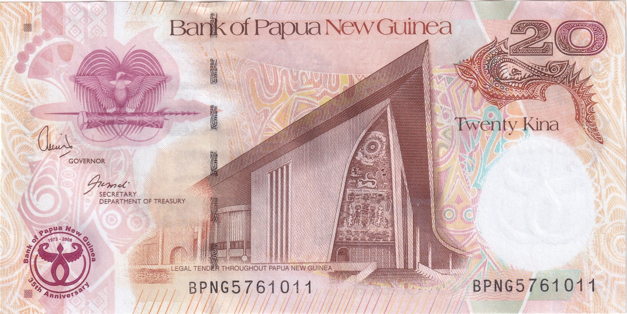 Foreign Paper MoneyPapua Yeni Gine, 20 Kina (2008) P#36 ÇİL Yabancı Eski Kağıt Para