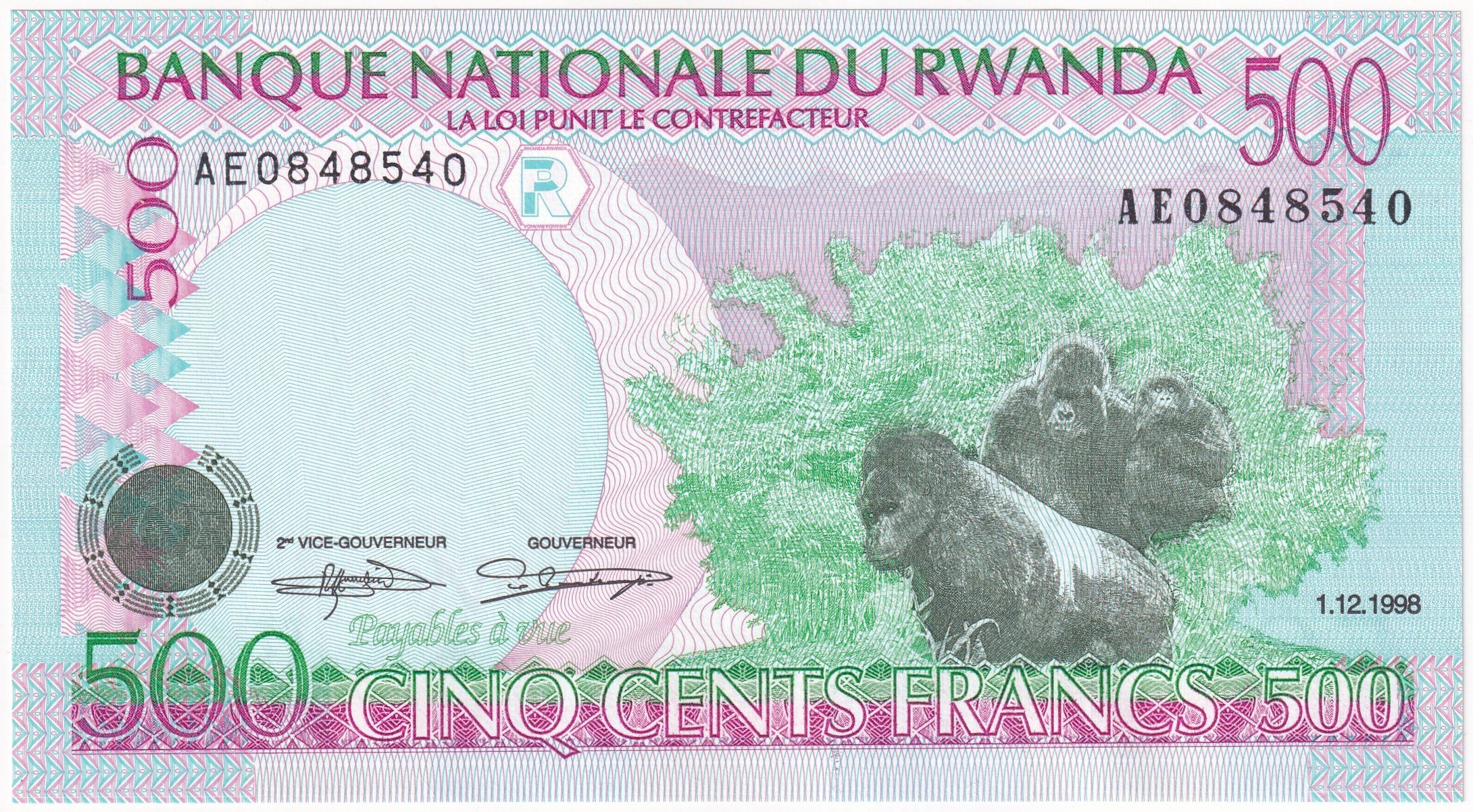 Foreign Paper MoneyRuanda, 500 Frank (1998) ÇİL Eski Yabancı Kağıt Para
