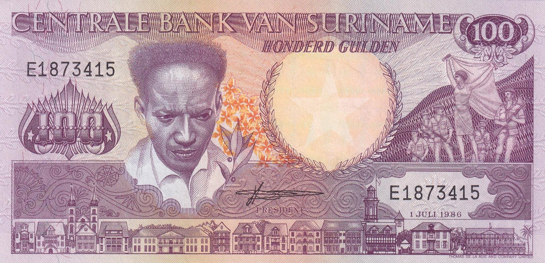 Foreign Paper MoneySurinam, 100 Gulden (1986) ÇİL Eski Yabancı Kağıt Para