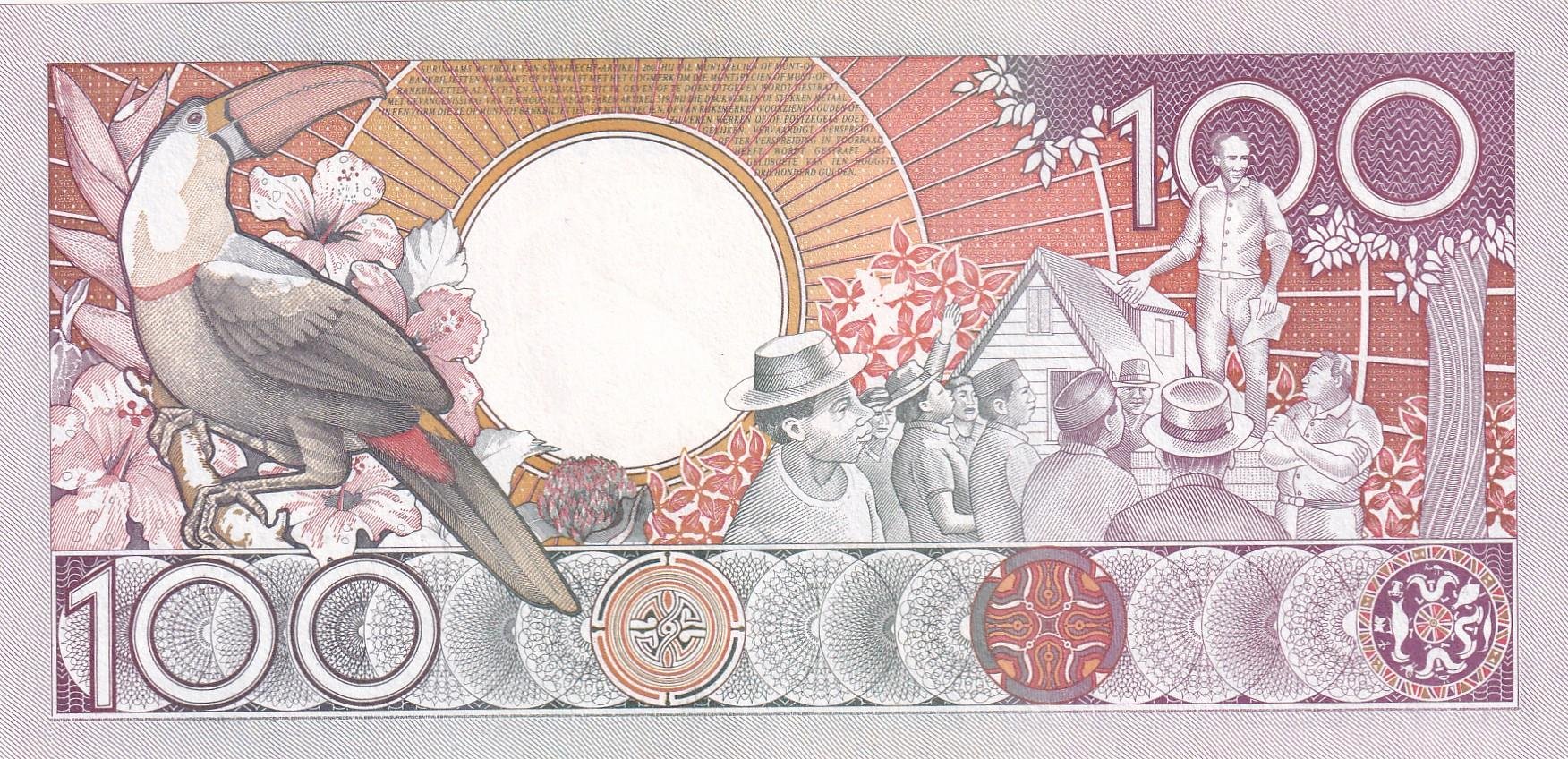 Foreign Paper MoneySurinam, 100 Gulden (1986) ÇİL Eski Yabancı Kağıt Para