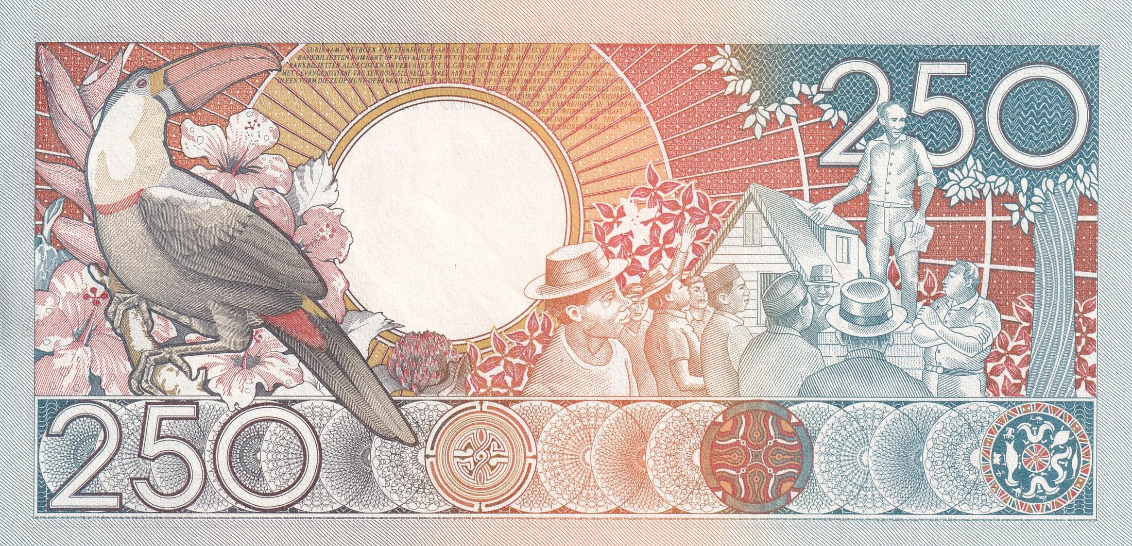 Foreign Paper MoneySurinam, 250 Gulden (1988) ÇİL Eski Yabancı Kağıt Para