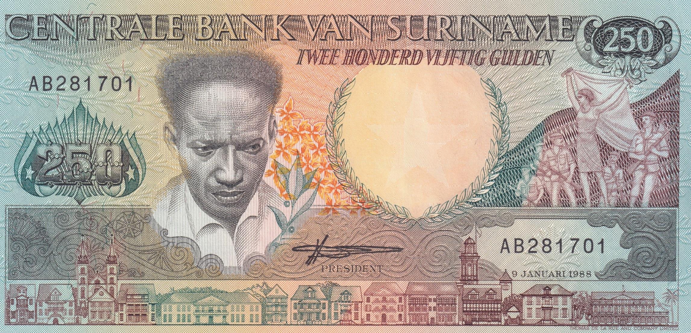 Foreign Paper MoneySurinam, 250 Gulden (1988) ÇİL Eski Yabancı Kağıt Para