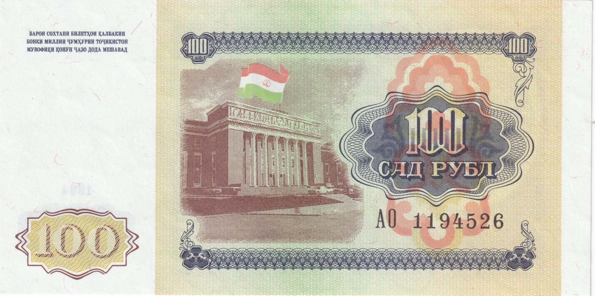 Foreign Paper MoneyTacikistan, 100 Ruble (1994) P#6 ÇİL Eski Yabancı Kağıt Para