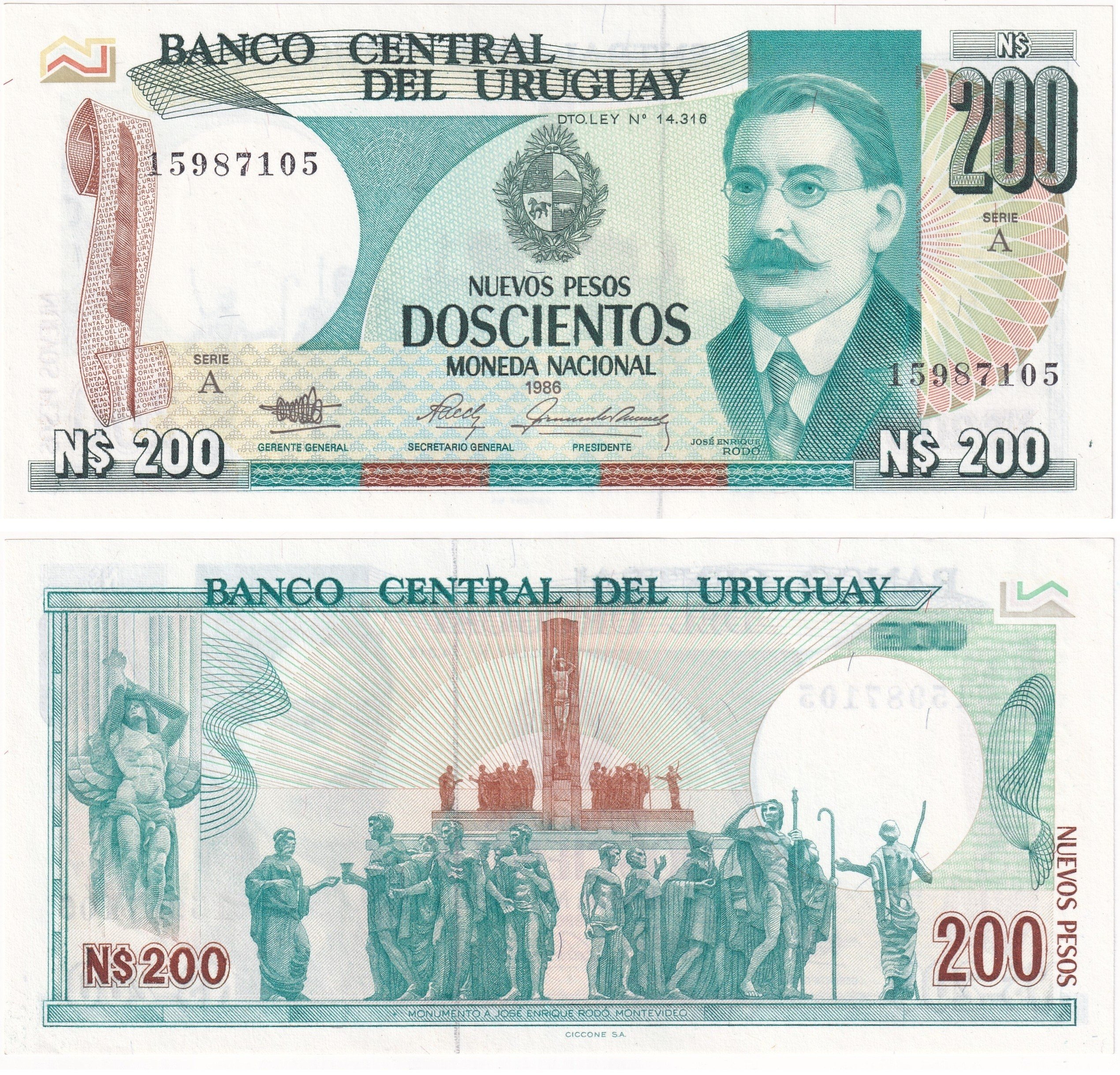 Foreign Paper MoneyUruguay, 200 Peso (1986) ÇİL Eski Yabancı Kağıt Para