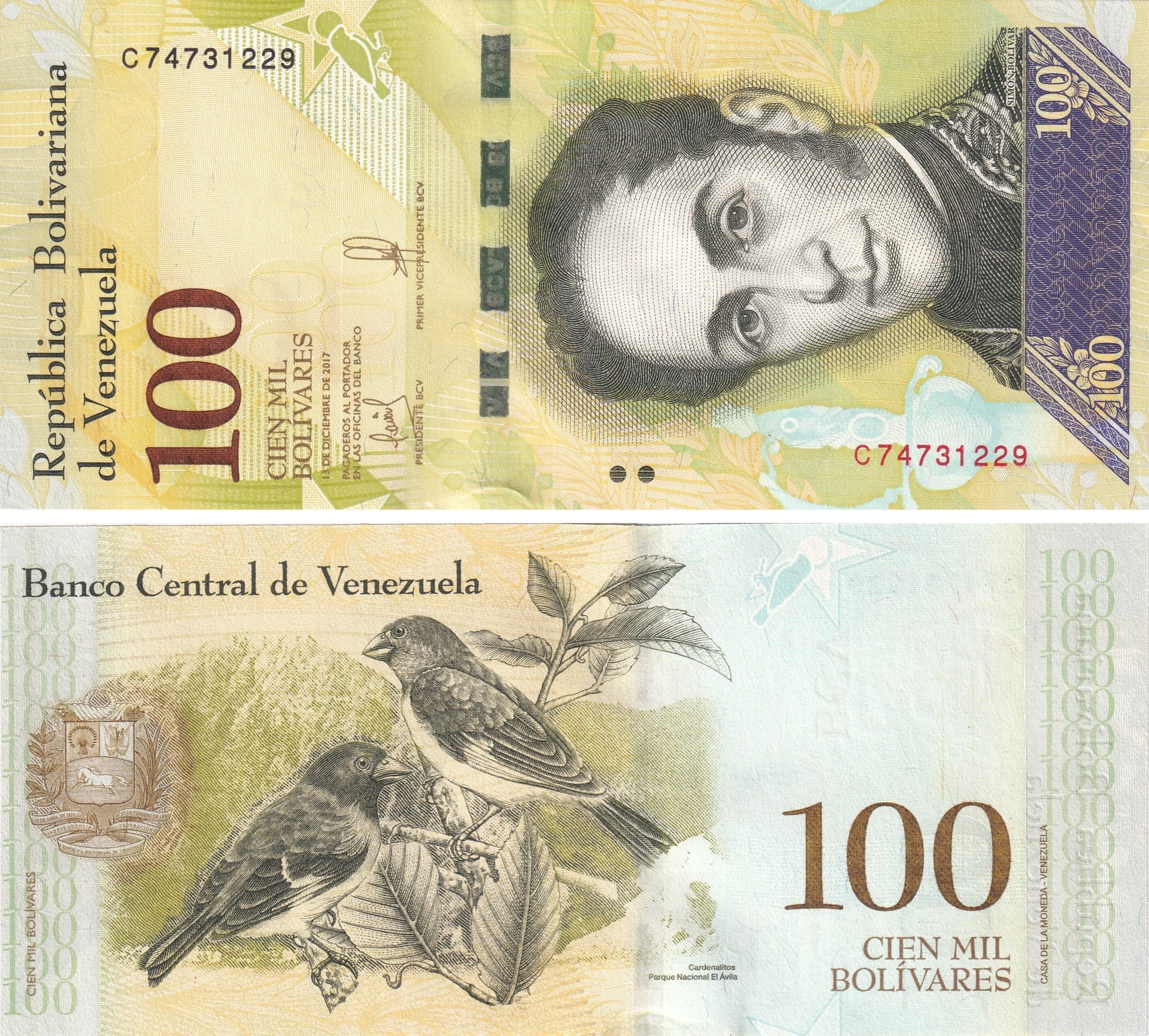 Foreign Paper MoneyVenezuela, 100.000 Bolivar (2017) ÇİL Eski Yabancı Kağıt Para