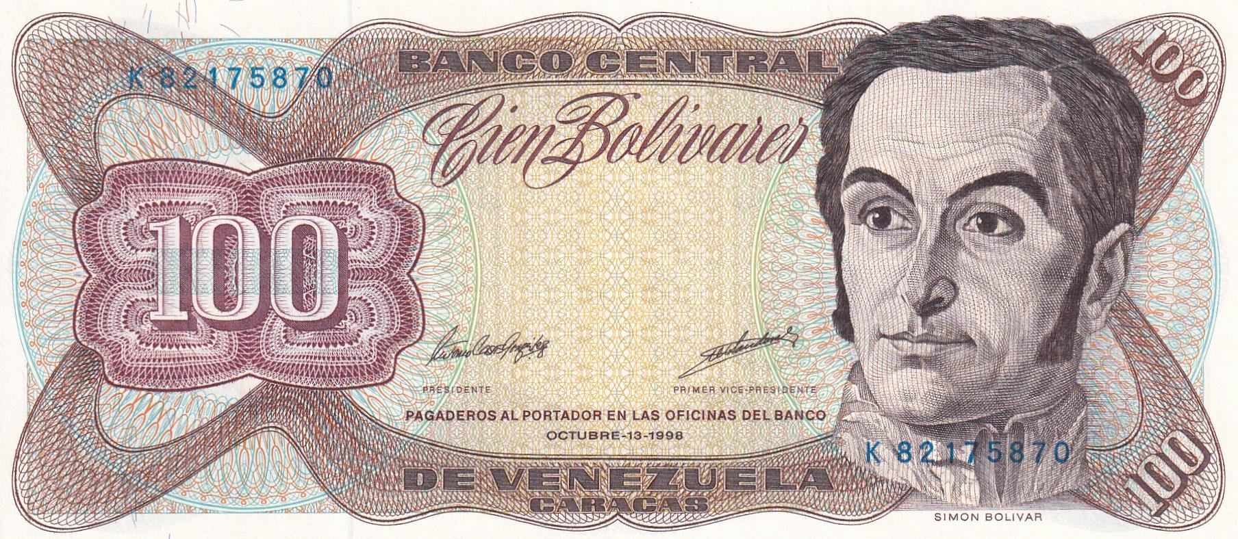 Foreign Paper MoneyVenezuela, 100 Bolivar (1998) P#66 ÇİL