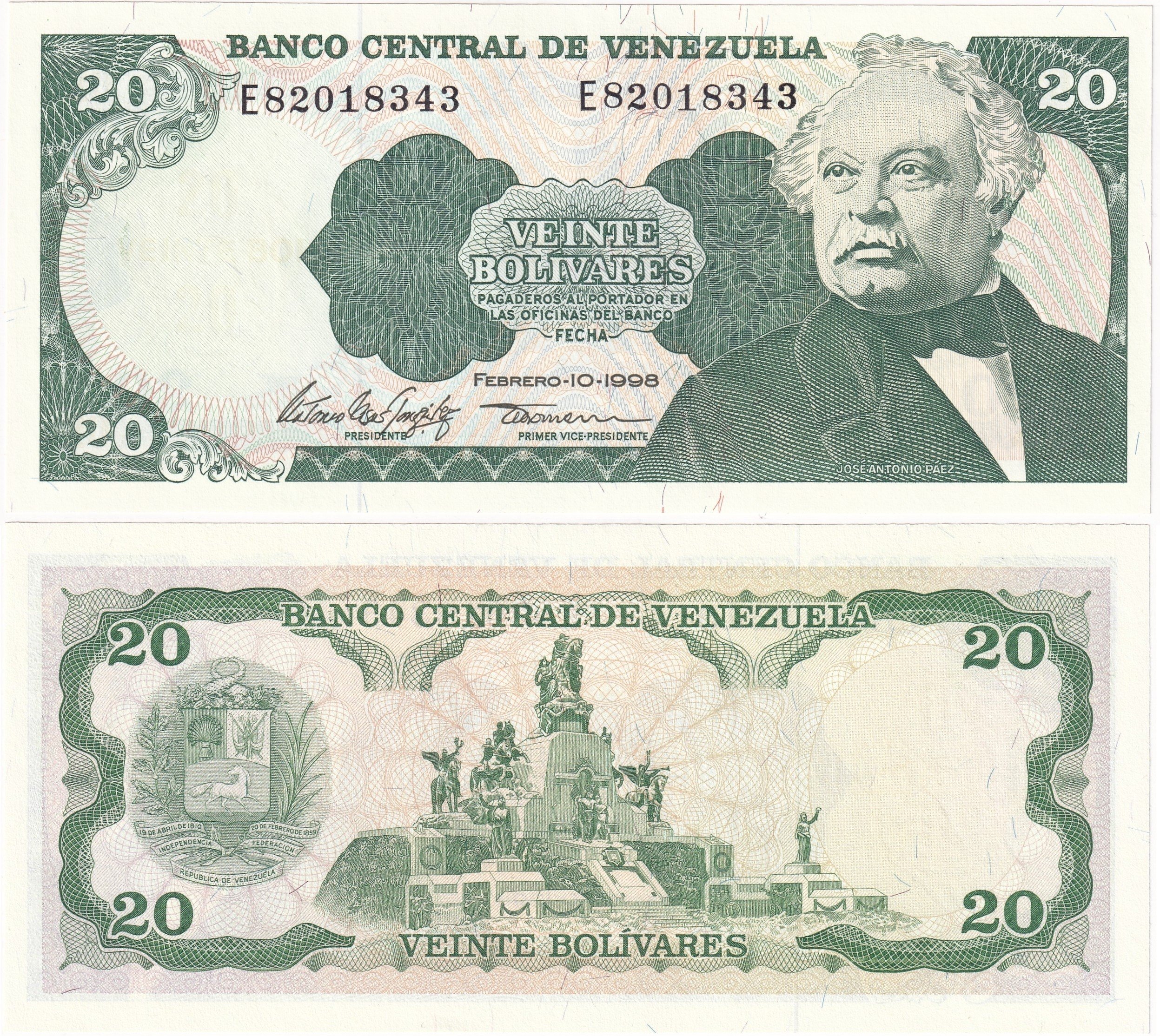 Foreign Paper MoneyVenezuela, 20 Bolivar (1998) ÇİL Eski Yabancı Kağıt Para