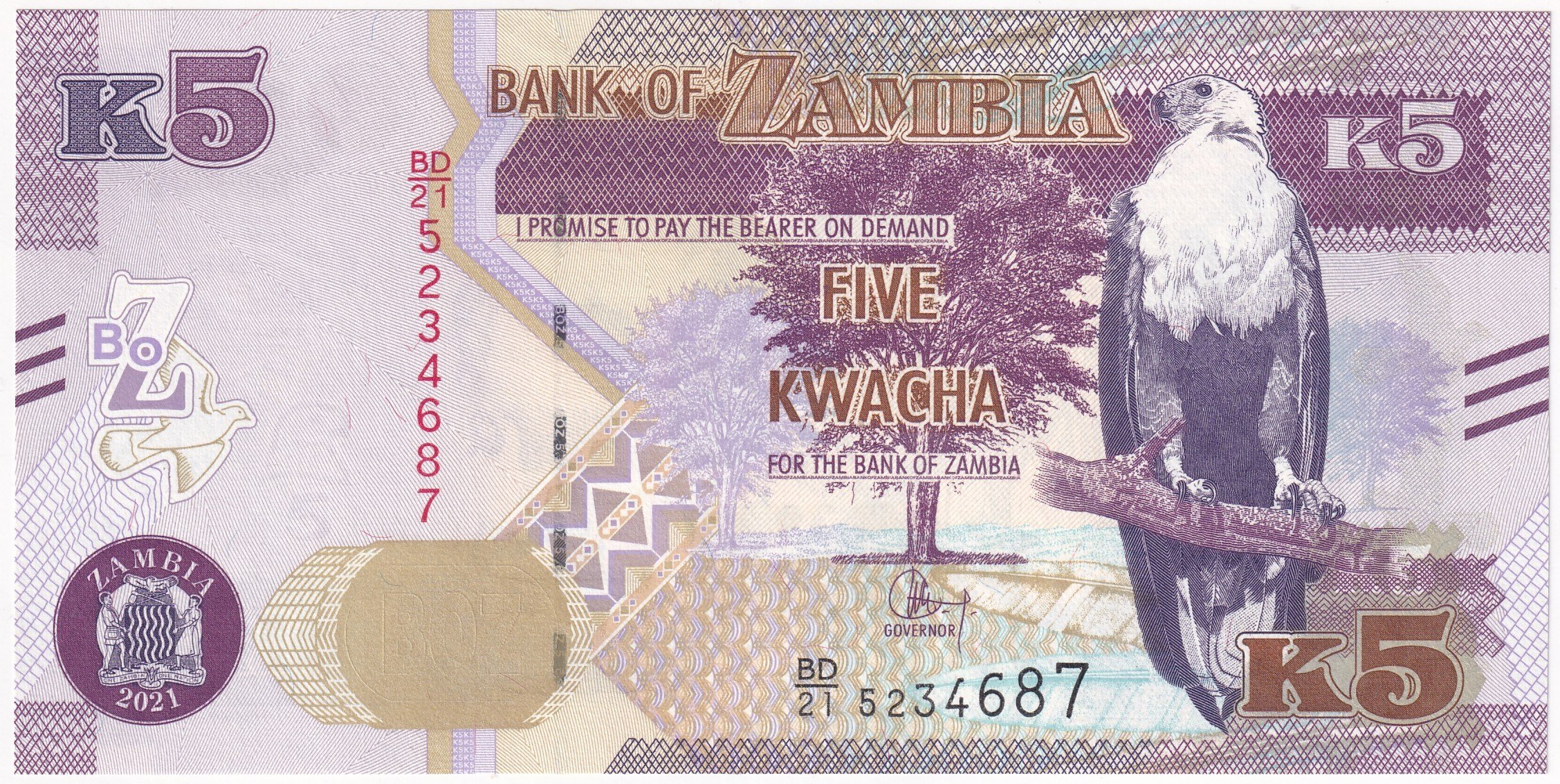 Foreign Paper MoneyZambiya, 5 Kwacha (2021) ÇİL Eski Yabancı Kağıt Para
