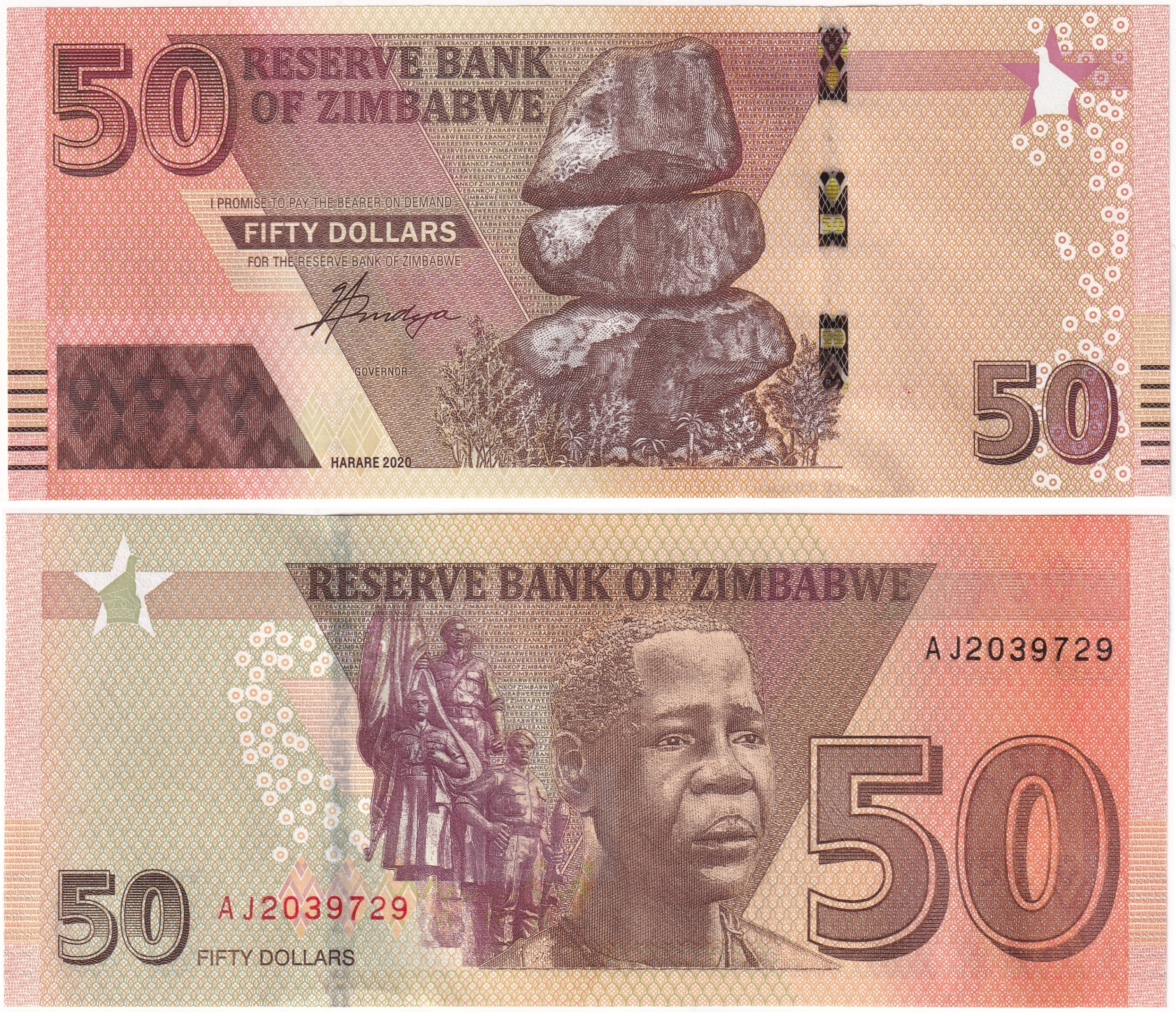 Foreign Paper MoneyZimbabve, 50 Dolar (2020) ÇİL Eski Yabancı Kağıt Para