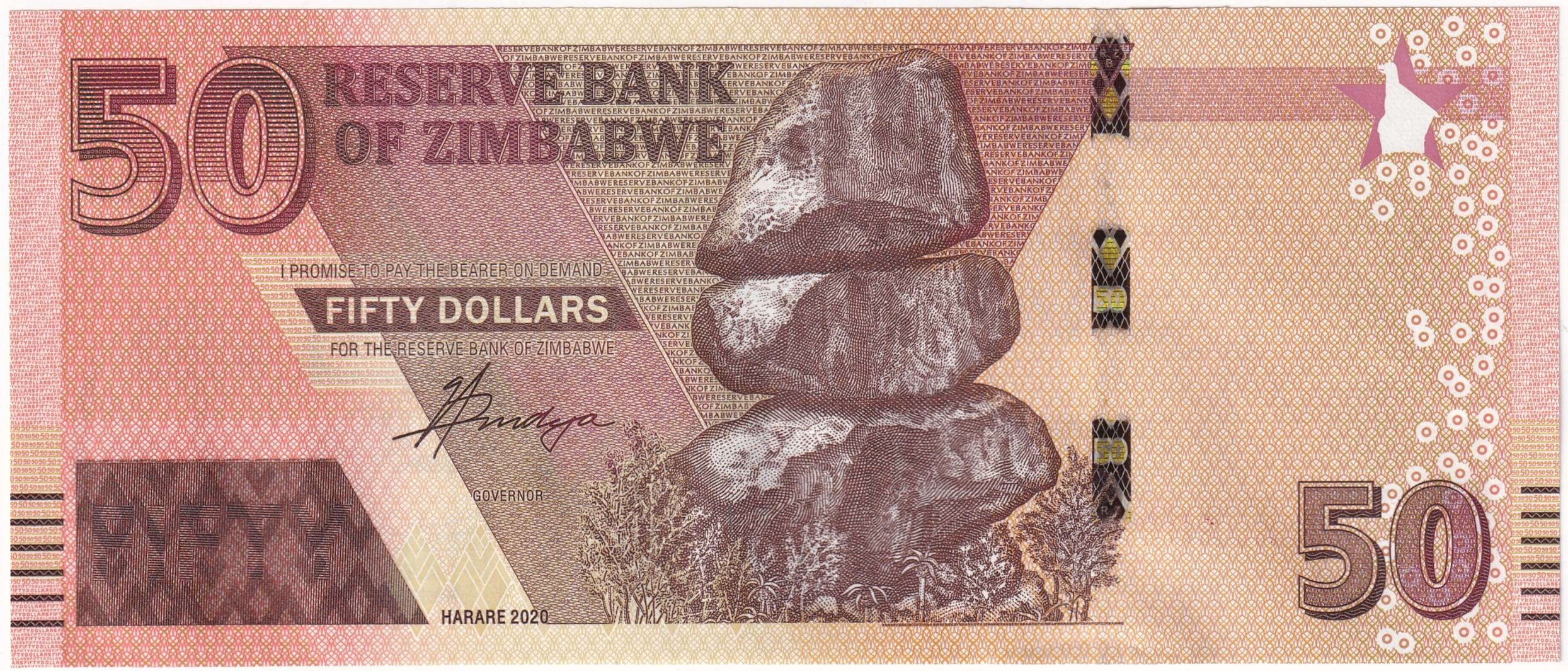 Foreign Paper MoneyZimbabve, 50 Dolar (2020) ÇİL Eski Yabancı Kağıt Para