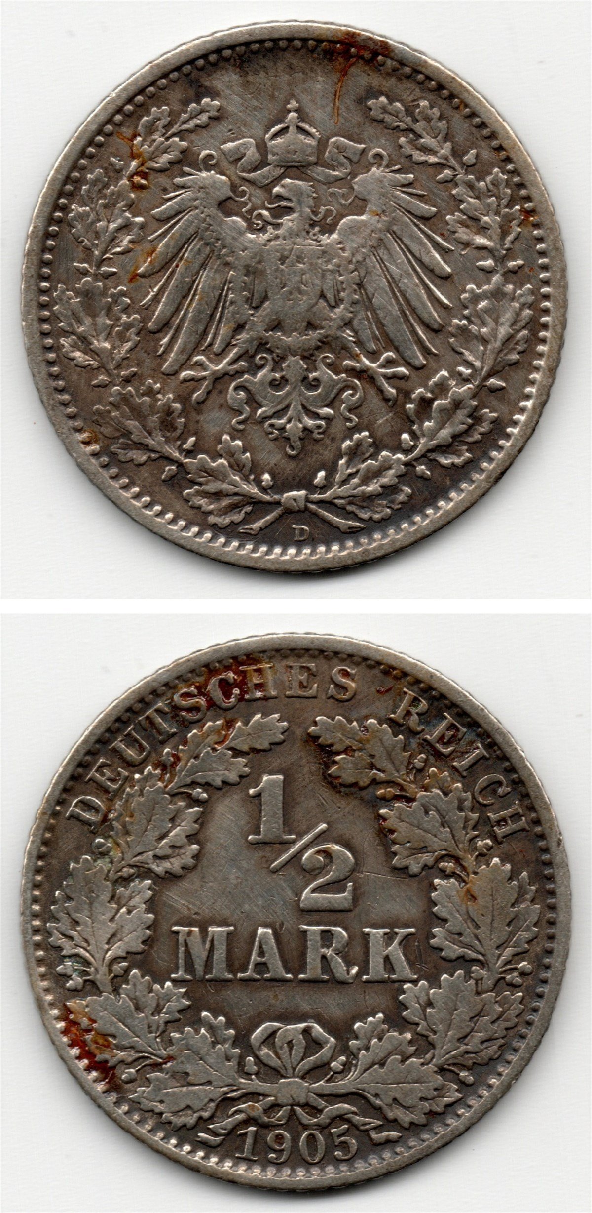 Foreign CoinsAlmanya, 1/2 Mark 1905 D, ÇÇT Gümüş Eski Madeni Para