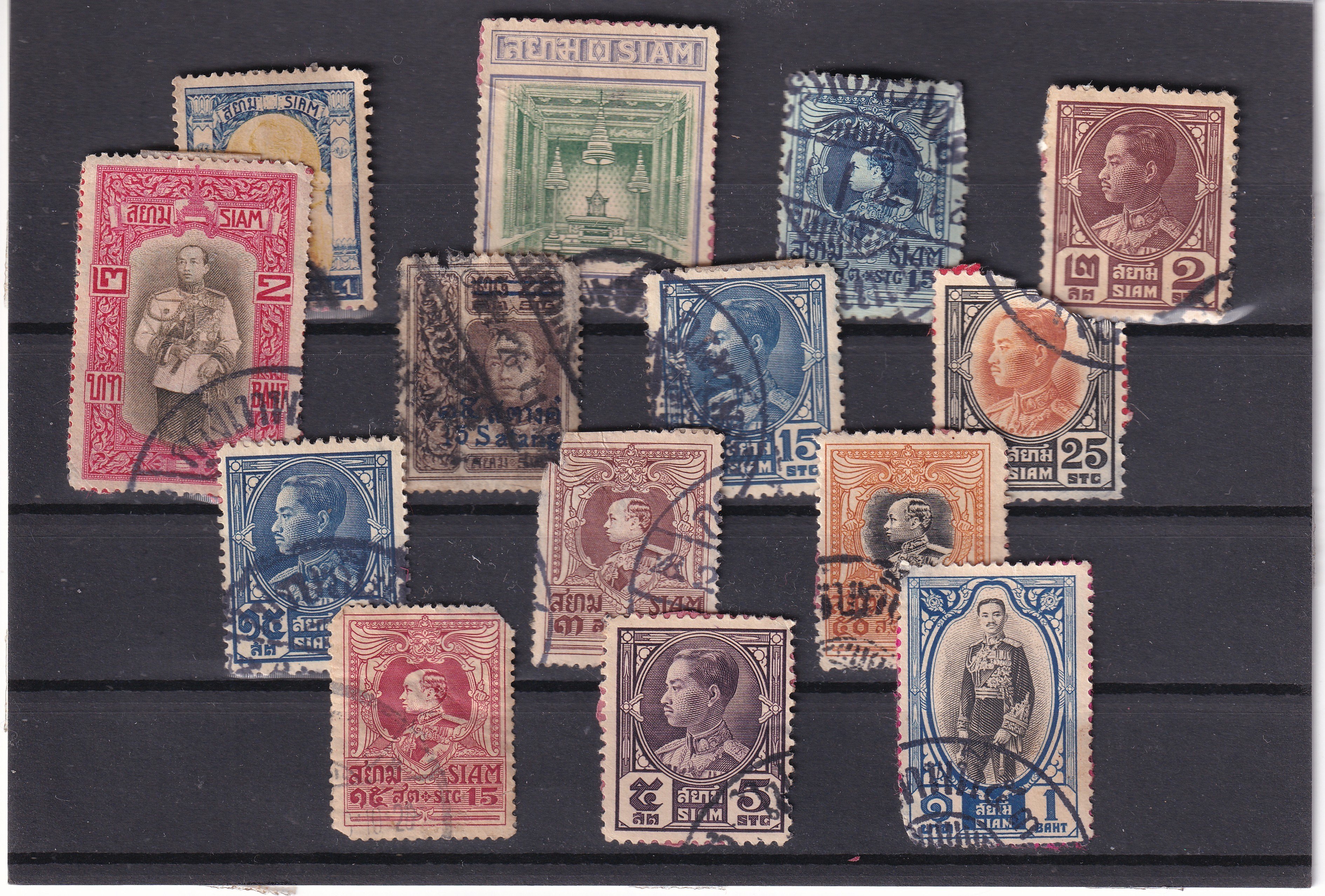 Stamped All Series Stamp CollectionsSiam (Tayland) Kraliyet Dönemi Damgalı Pul Lotu - 14 Adet (Kral Rama VI, VII, VIII)
