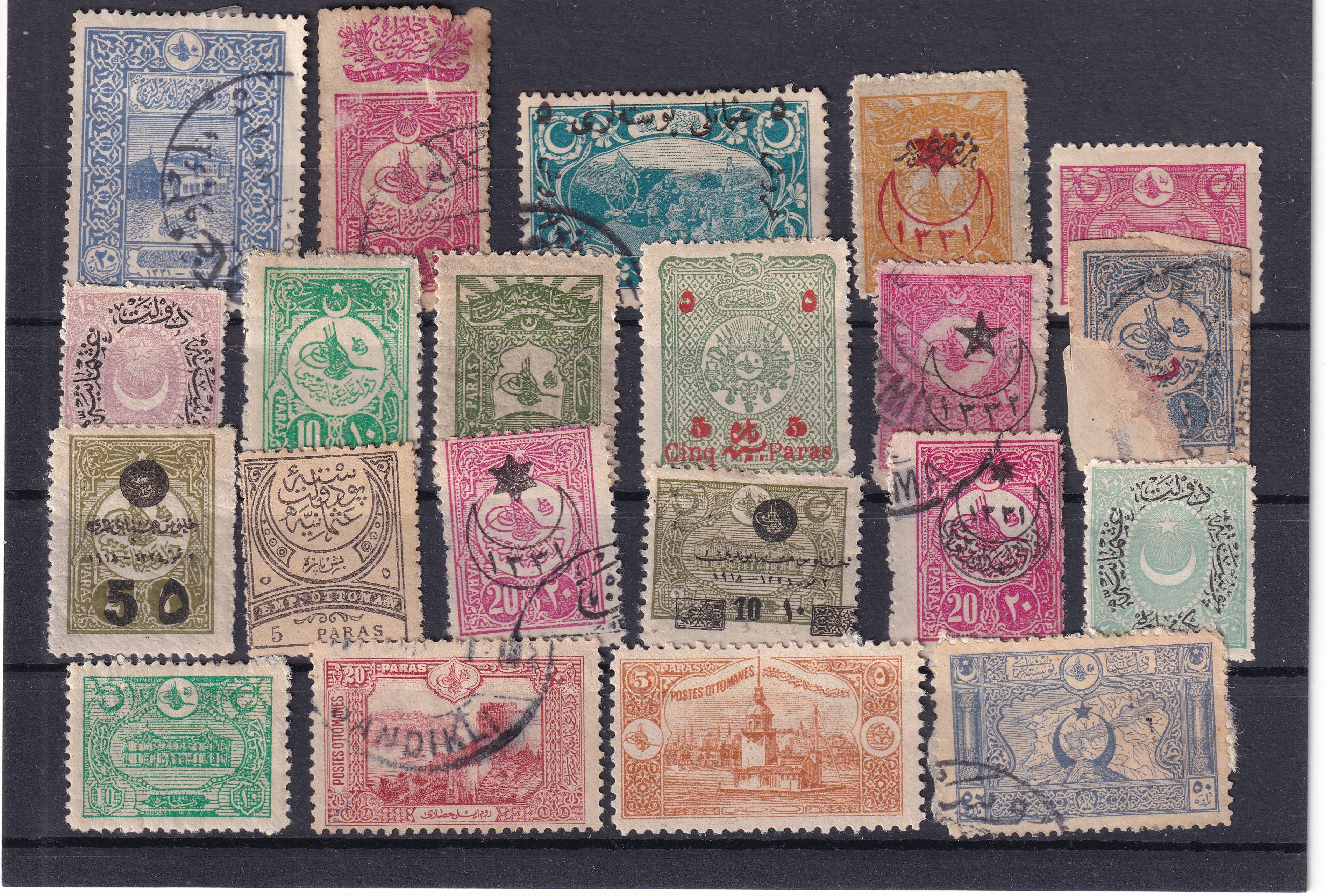 Untagged All Series Stamp CollectionsOsmanlı İmparatorluğu (Kız Kulesi, 1914 Londra Piktoral & 1331 Cihad Sürşarjlı) Damgalı Pul Lotu - 21 Adet