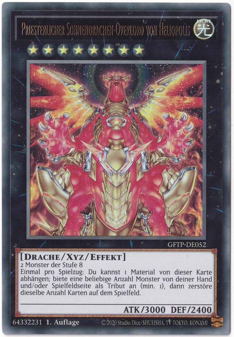 Yu-Gi-Oh!Yu-Gi-Oh! Hieratic Sun Dragon Overlord of Heliopolis (Priesterlicher Sonnendrachen-Overlord von Heliopolis) - GFTP-DE052 Ultra Rare (Almanca 1. Baskı)