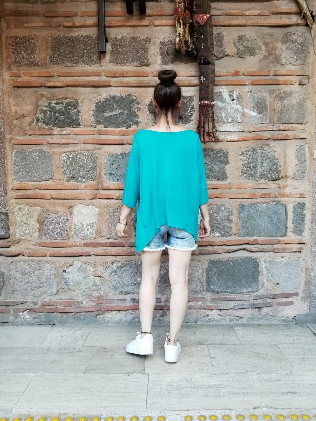 % 100 Pamuk Viskon Turkuaz Penye Bluz