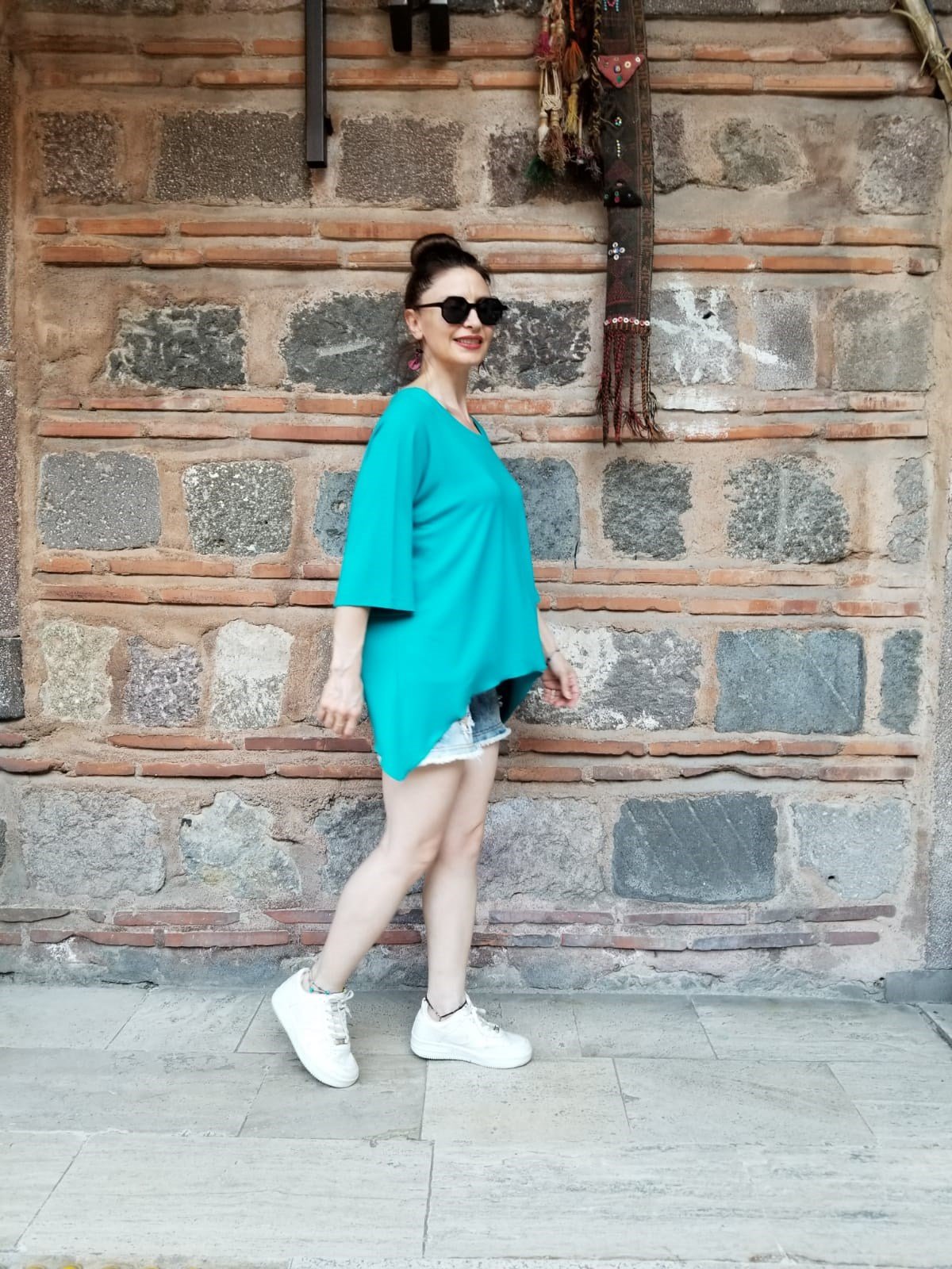 % 100 Pamuk Viskon Turkuaz Penye Bluz