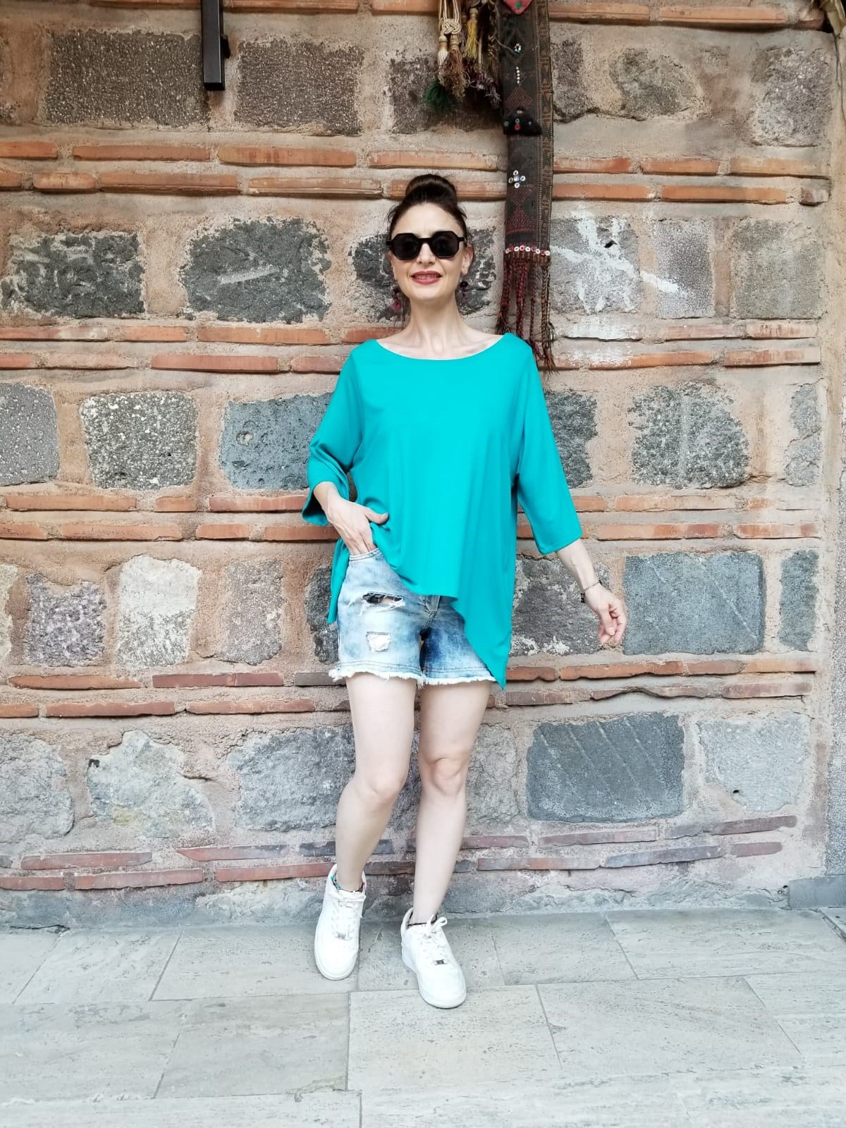 % 100 Pamuk Viskon Turkuaz Penye Bluz