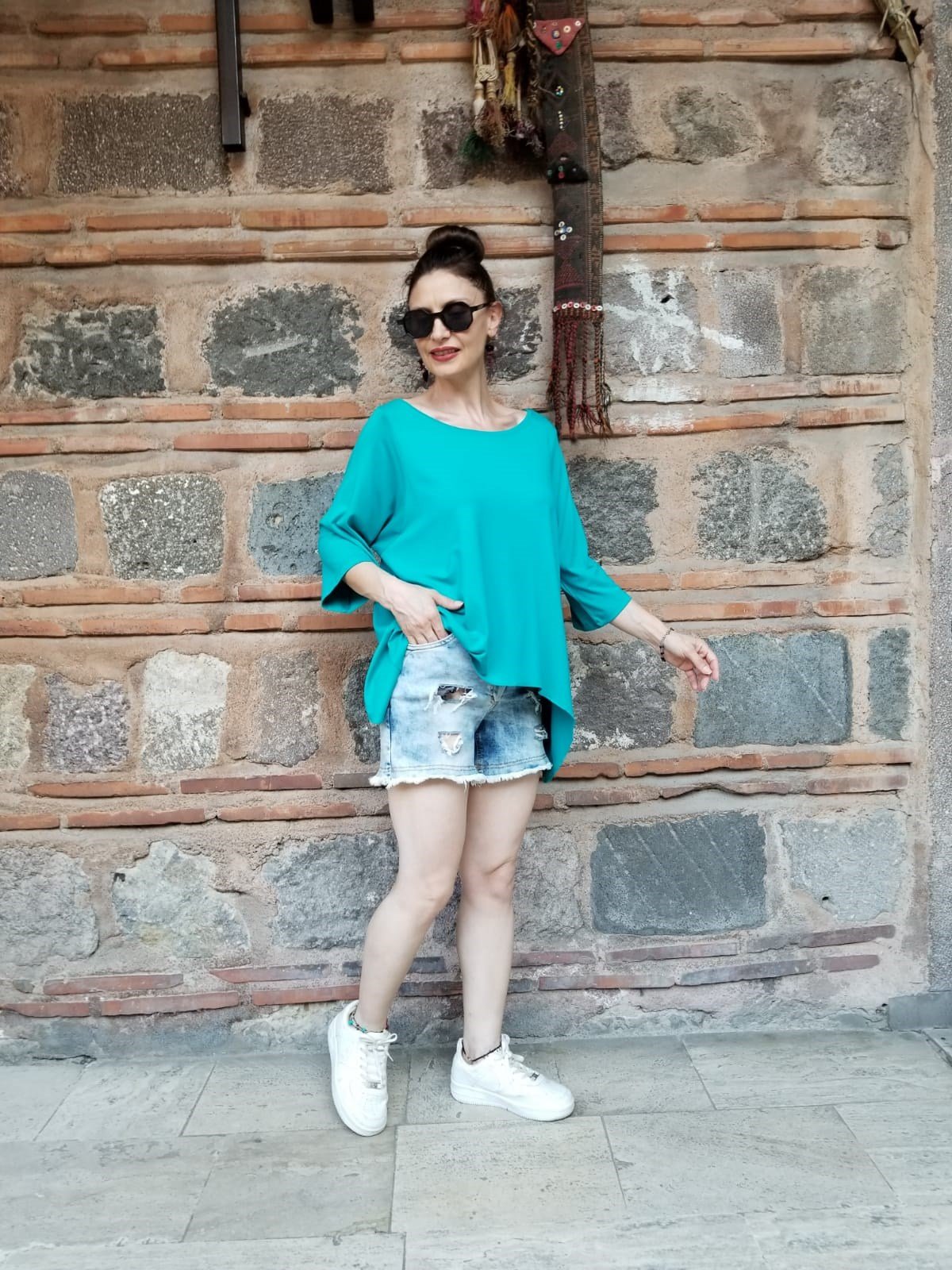 % 100 Pamuk Viskon Turkuaz Penye Bluz