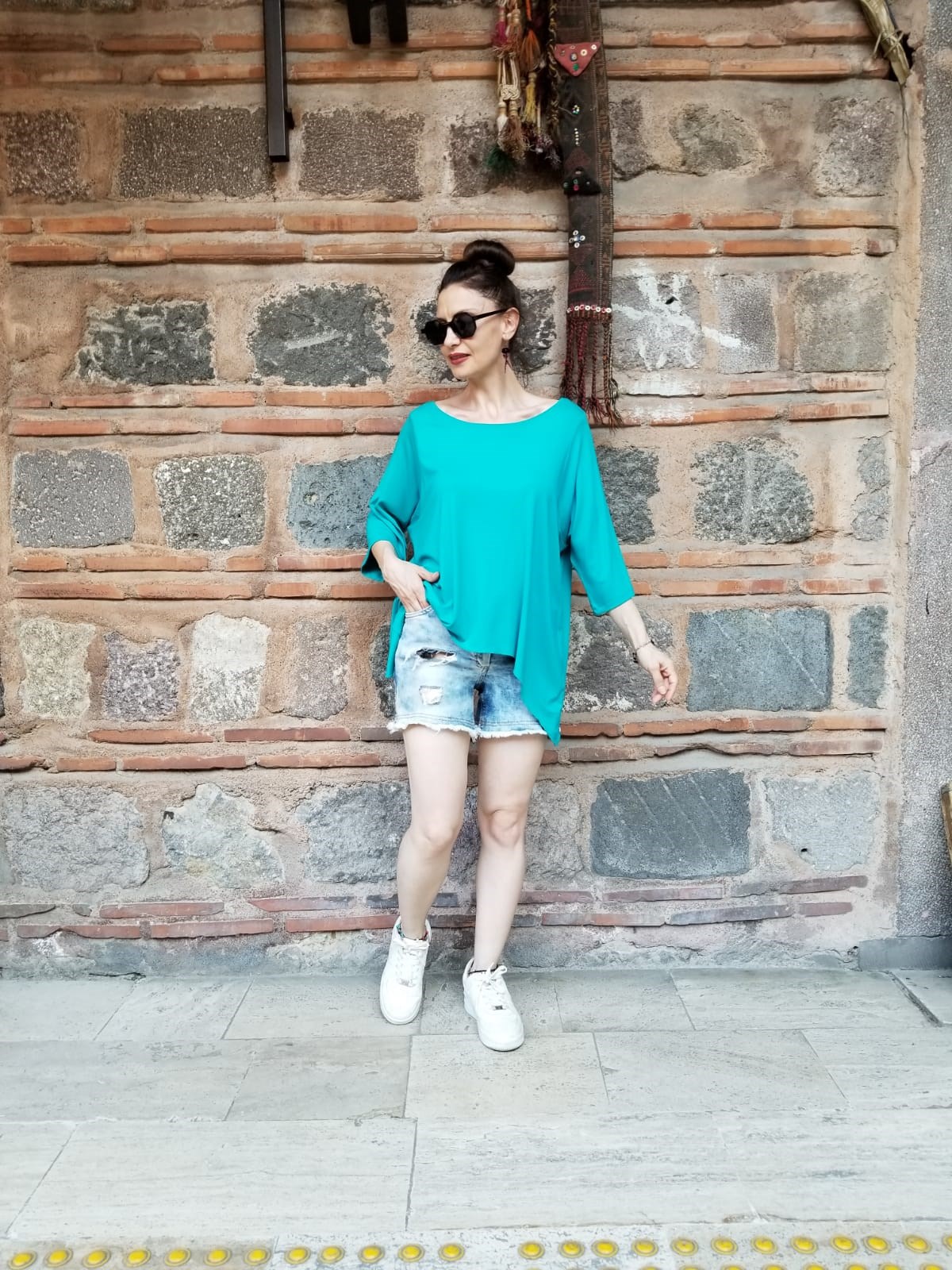 % 100 Pamuk Viskon Turkuaz Penye Bluz