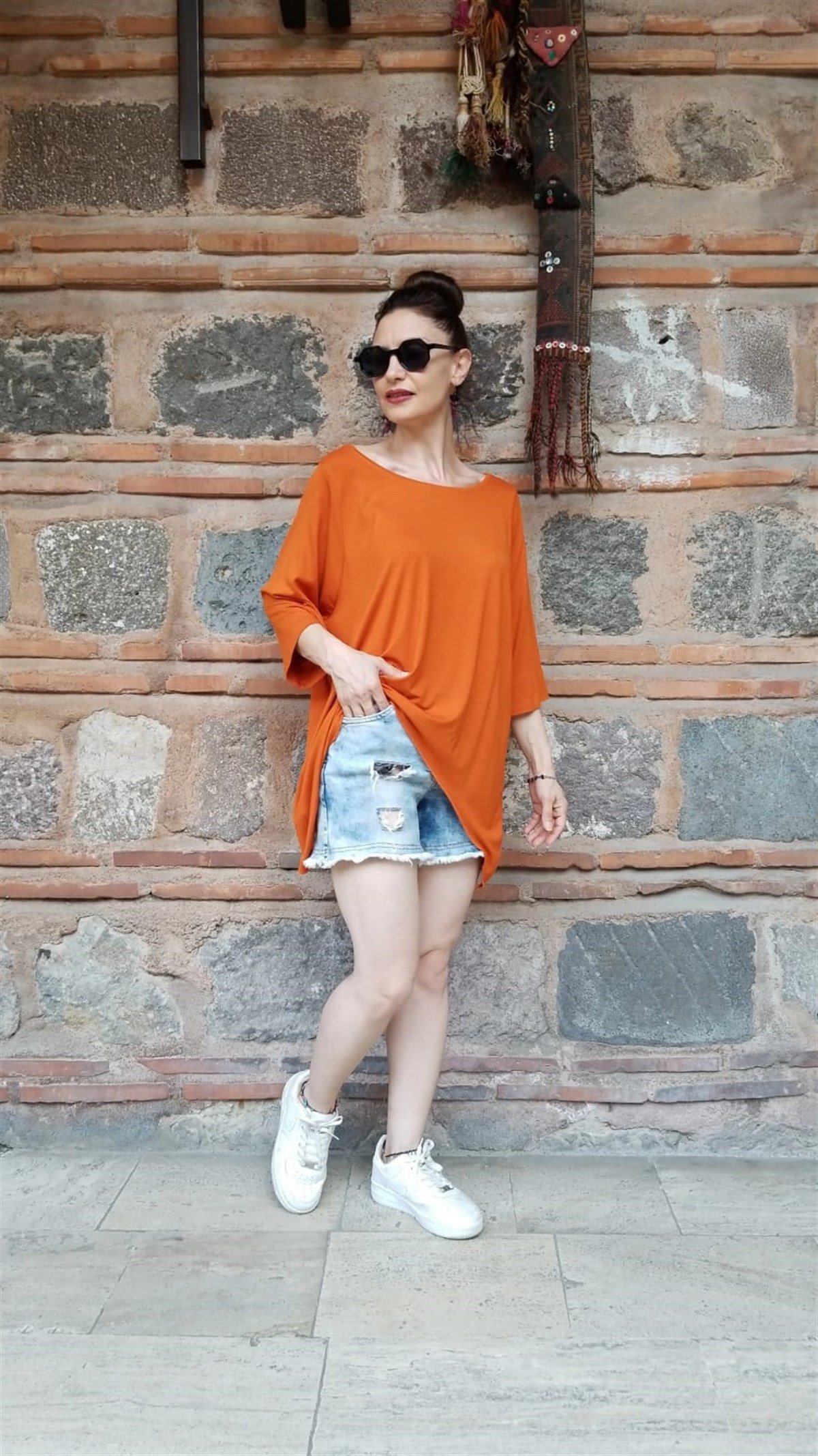 % 100 Pamuk Viskon Turuncu Penye Bluz