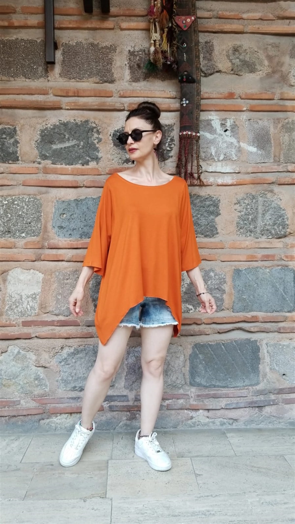 % 100 Pamuk Viskon Turuncu Penye Bluz